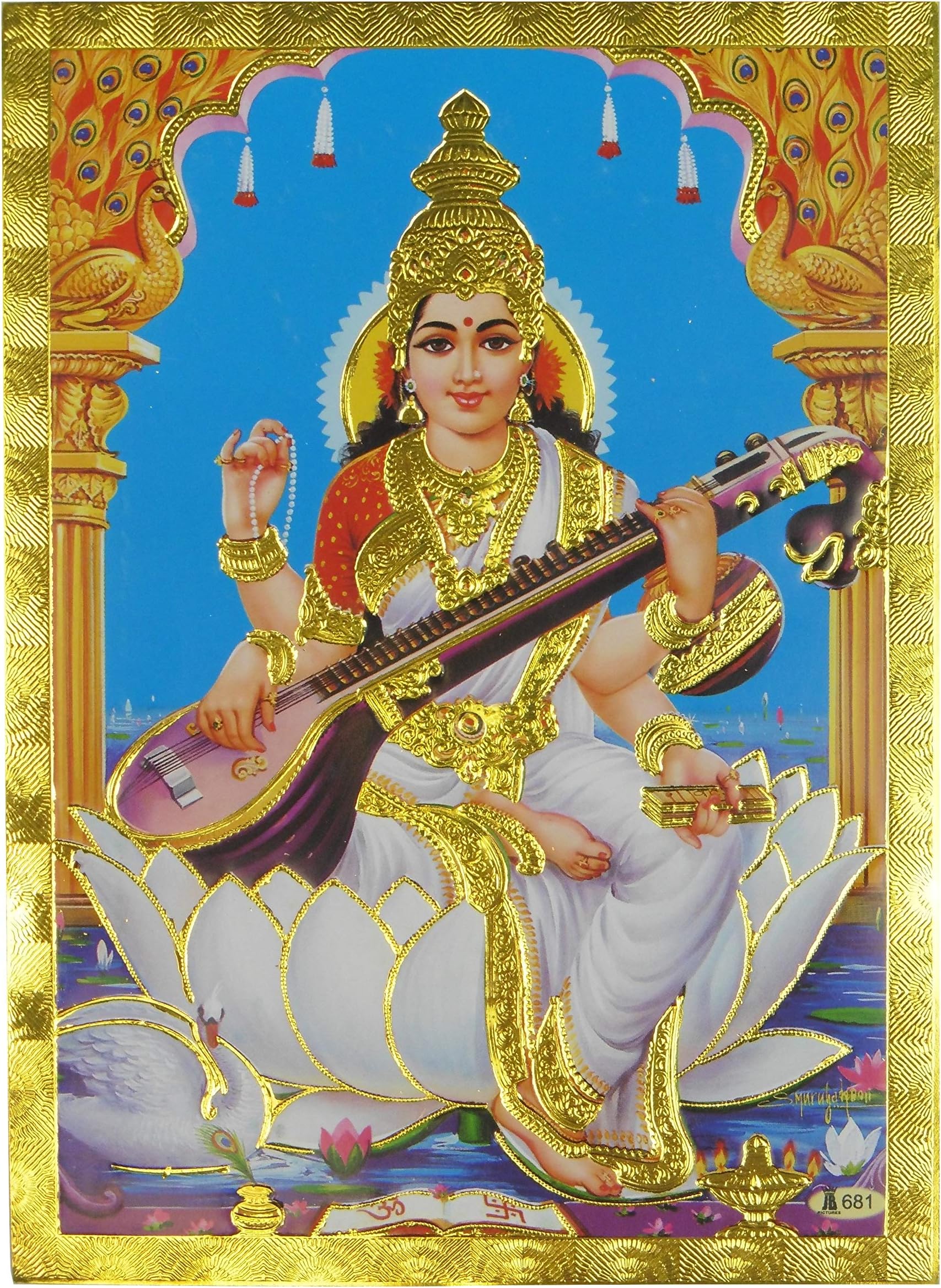 Gold Foil Embossed Hindu God Goddess Saraswati Shrine Picture