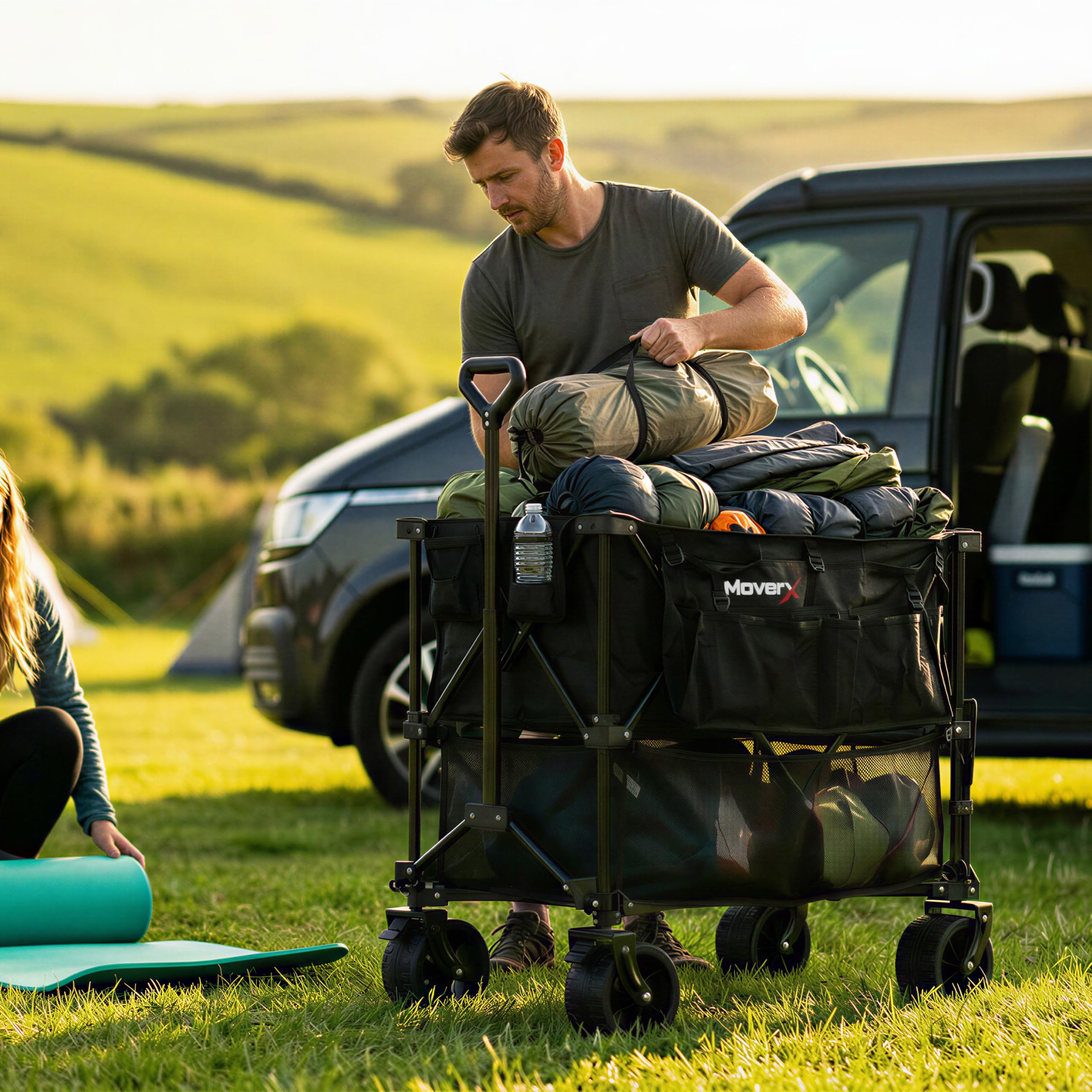 MoverX Carrello da 300 litri su ruote, a due piani, carrello da campeggio portatile, pieghevole per spiaggia, giardino, picnic, shopping, pesca, ruote larghe, manico regolabile, nero
