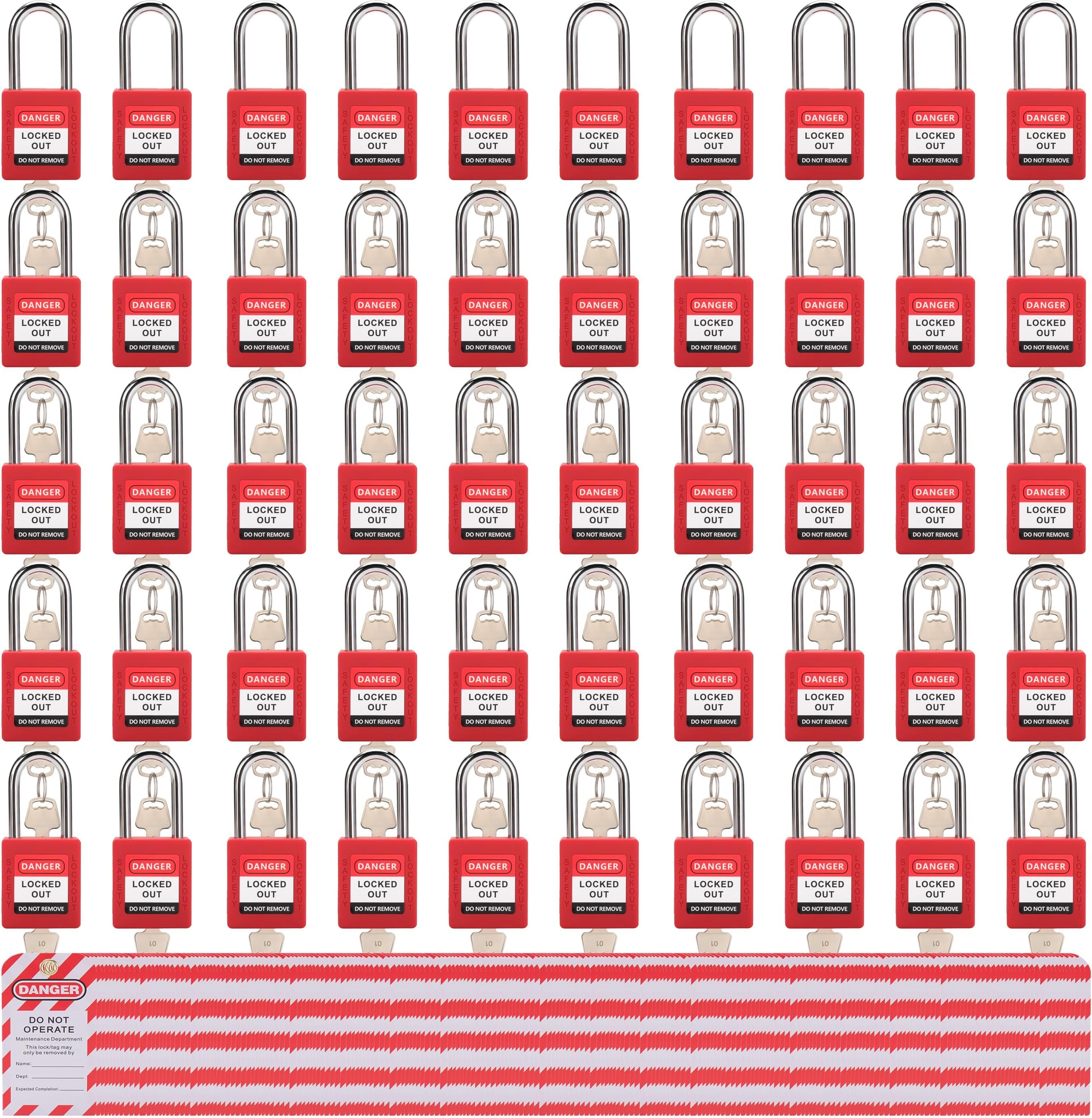 Lockout Tagout Locks Set, 50 Red OSHA-Compliant Safety Padlocks with 2 Keys Each & Lockout Tagout Tags, Keyed Different LOTO Locks for Electrical, Industrial, & Machinery Lockout Tag Out Kits