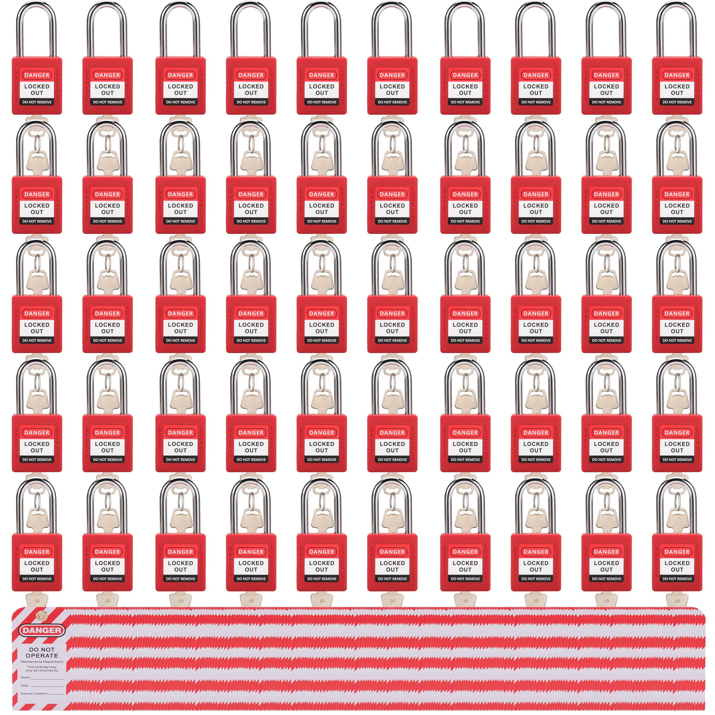 Juego de 50 candados de seguridad rojos compatibles con OSHA con 2 llaves cada una y etiquetas de etiquetado de bloqueo, diferentes cerraduras LOTO con llave para kits de bloqueo eléctrico