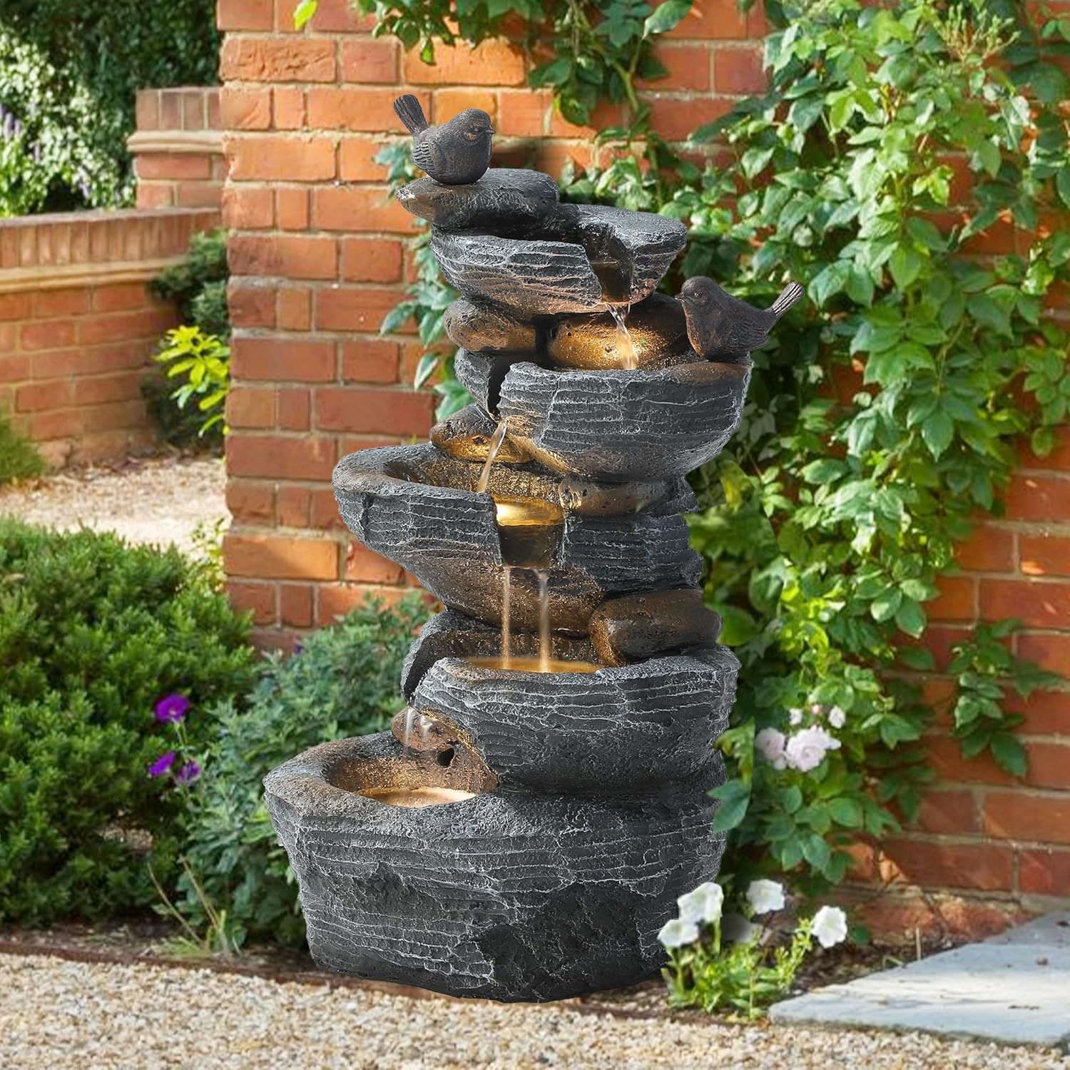 TITIMO 5-Tier Cascading Rock Water Fountain with Warm LED Lights - Outdoor Garden Waterfall for Patio, Backyard, Porch Decor