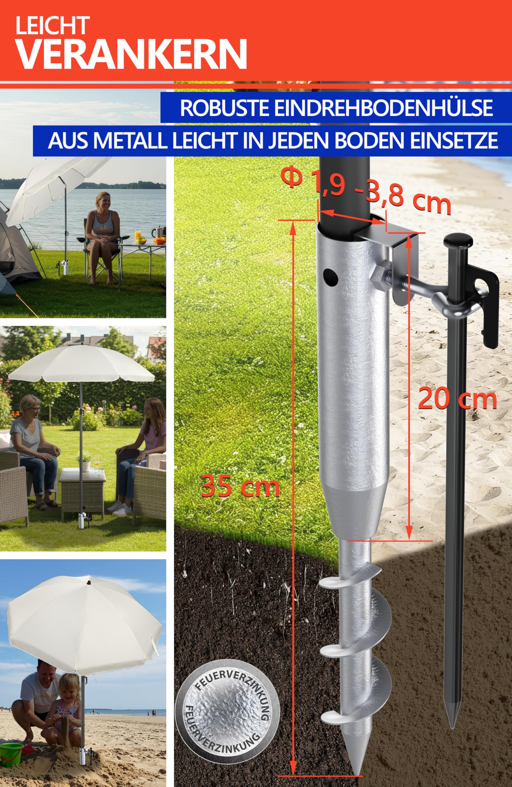 4smile Sonnenschirm Strand Set 3-in-1 Ø 180 cm Windfest UV Schutz 50+ Beige