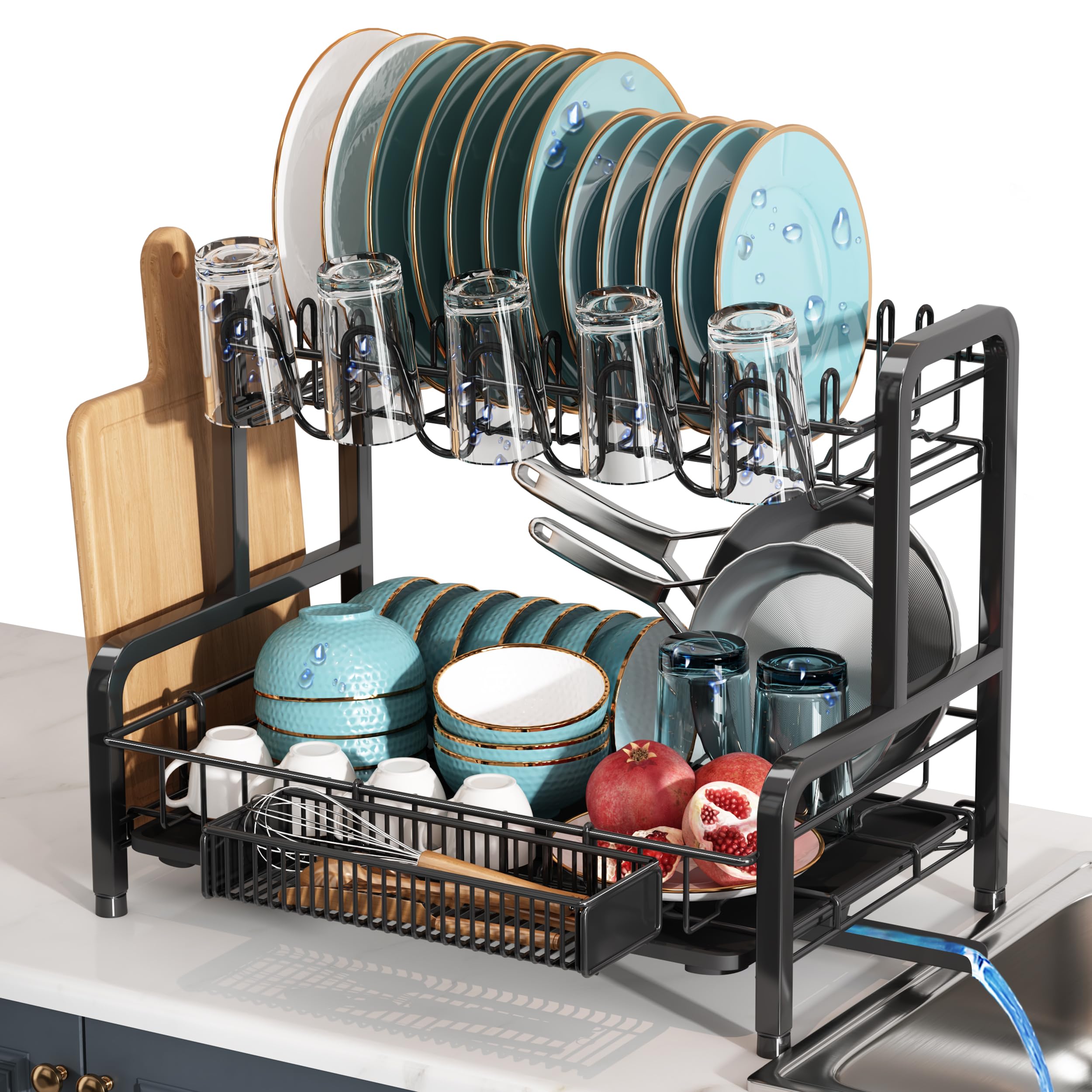 Photo 1 of 2 Tier Black Dish Drainer Drying Rack for Kitchen Counter, Large Stainless Steel Dishes Dryer with Drainboard, Space Saving, Big Rustproof Metal Modern Countertop Plates Strainer with Utensil Holder