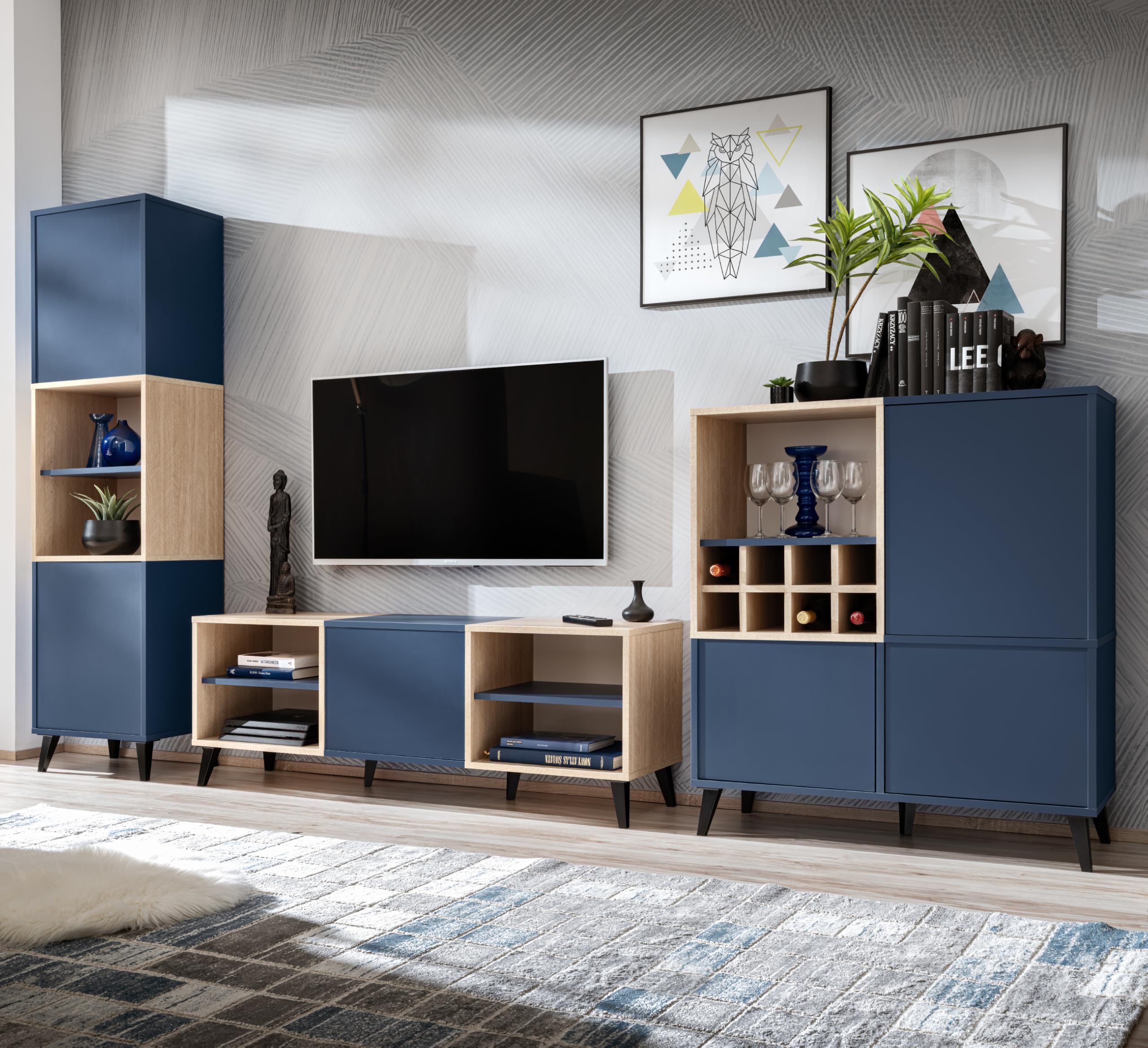 Komodee Fondi Ensembles de Meubles TV 3 armoires avec casier à vin, Style scandinave, pour Salon, Cuisine, Salle à Manger, Bureau, Bleu, Bois Clair, 173x35x272 cm
