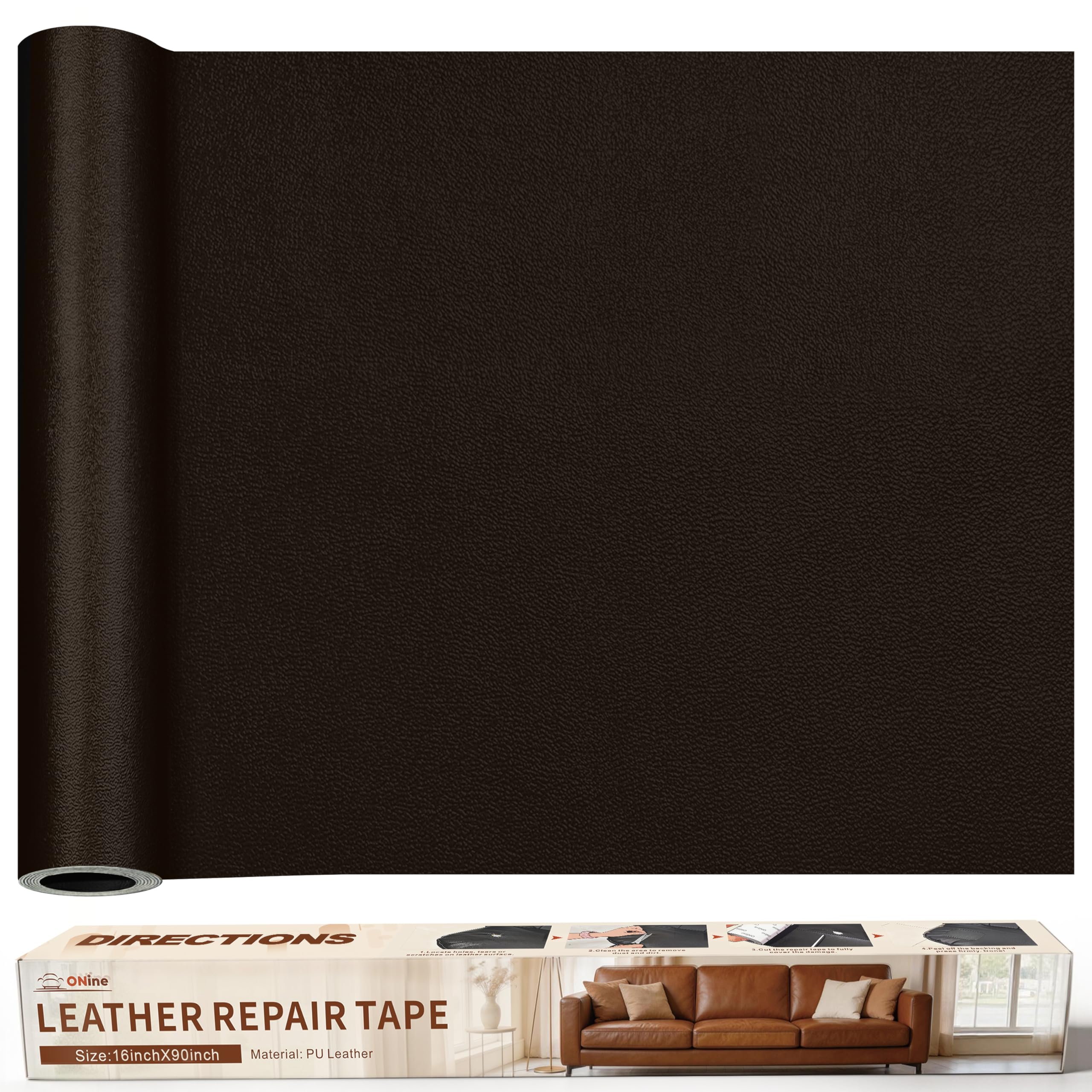 ONine Leather Repair Patch，Leather Repair Tape, 16 x 90 inches Leather Repair Patch for Furniture,Vinyl Repair kit，Leather Couch Patch，for Sofas, Furniture, car Seats(Dark Brown-Fine Grain)