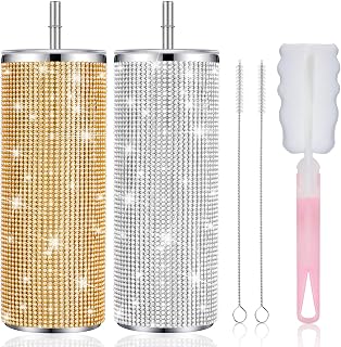 Tessco 2 Pcs Bling Tumbler 20oz Rhinestone Cup Christmas Gift Cup Glitter Diamond Bottle with Lid and Straw Stainless Steel Bling Thermal Water Bottle for Women (Silver, Gold)