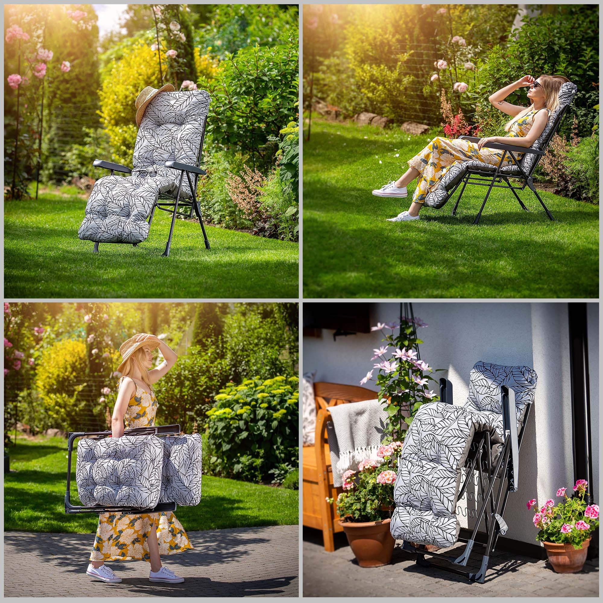 KADAX Sillón de jardín con respaldo ajustable, silla de relax de estructura de acero pulverizado, silla plegable con capacidad de carga de hasta 110 kg, tumbona de jardín con cojín (blanco/gris, L