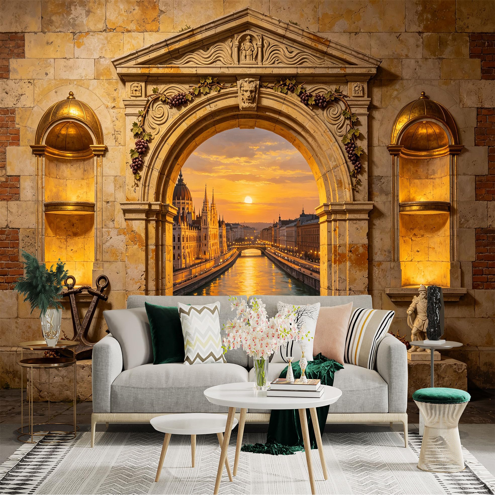 Custom Size Wall Sticker Mural， Vintage Stone Archway Canal Sunset Cityscape， for wall Decoration， peelandstick wall Decals.