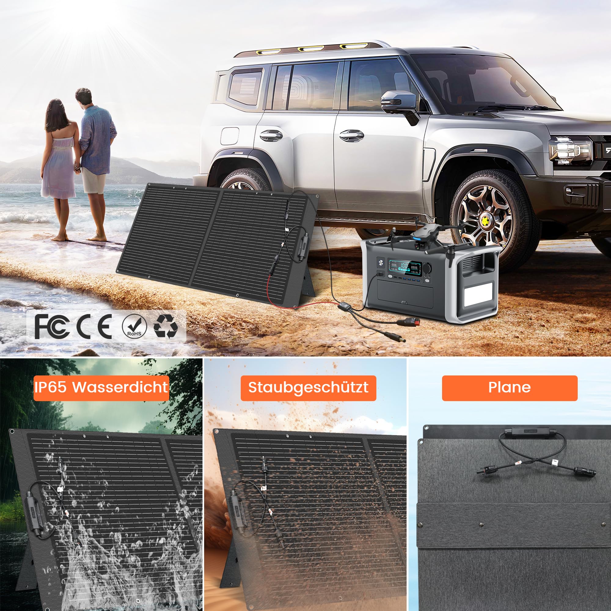 Solarpanel Faltbar 100W, Tragbare Solarmodul 20.5V Ausgang mit 10 Connectors, 23% Hocheffizienterad Monokristallines Solarmodule für Camping, Wandern, Powerstation, Outdoor usw