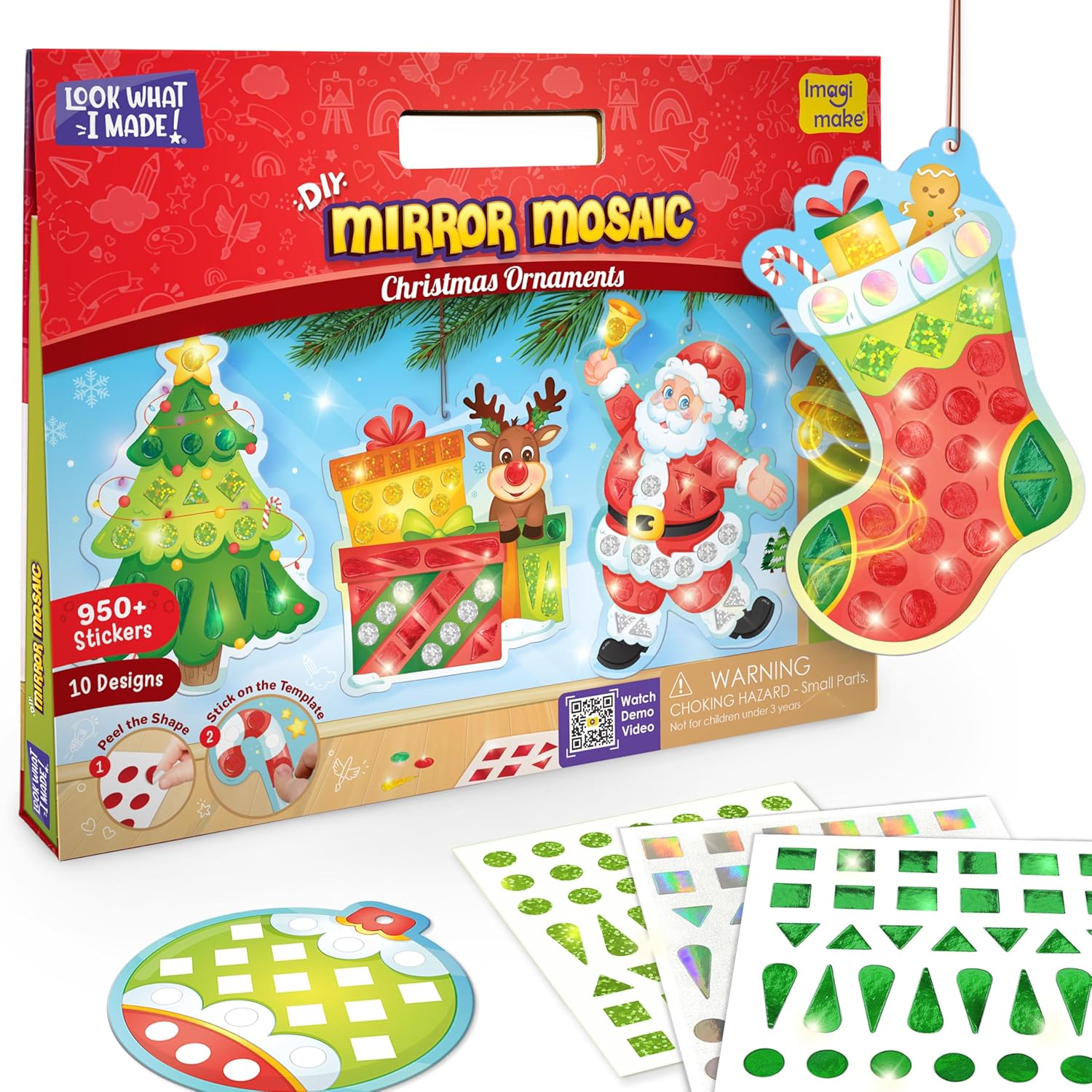 Imagimake Mirror Mosaic : Christmas Ornaments | Mess Free DIY Mosaic Art & Craft Kit | 950+ Foil Sticker | Travel Toys | Christmas Gift for Kids Ages 3,4,5,6,7,8,Multicolor