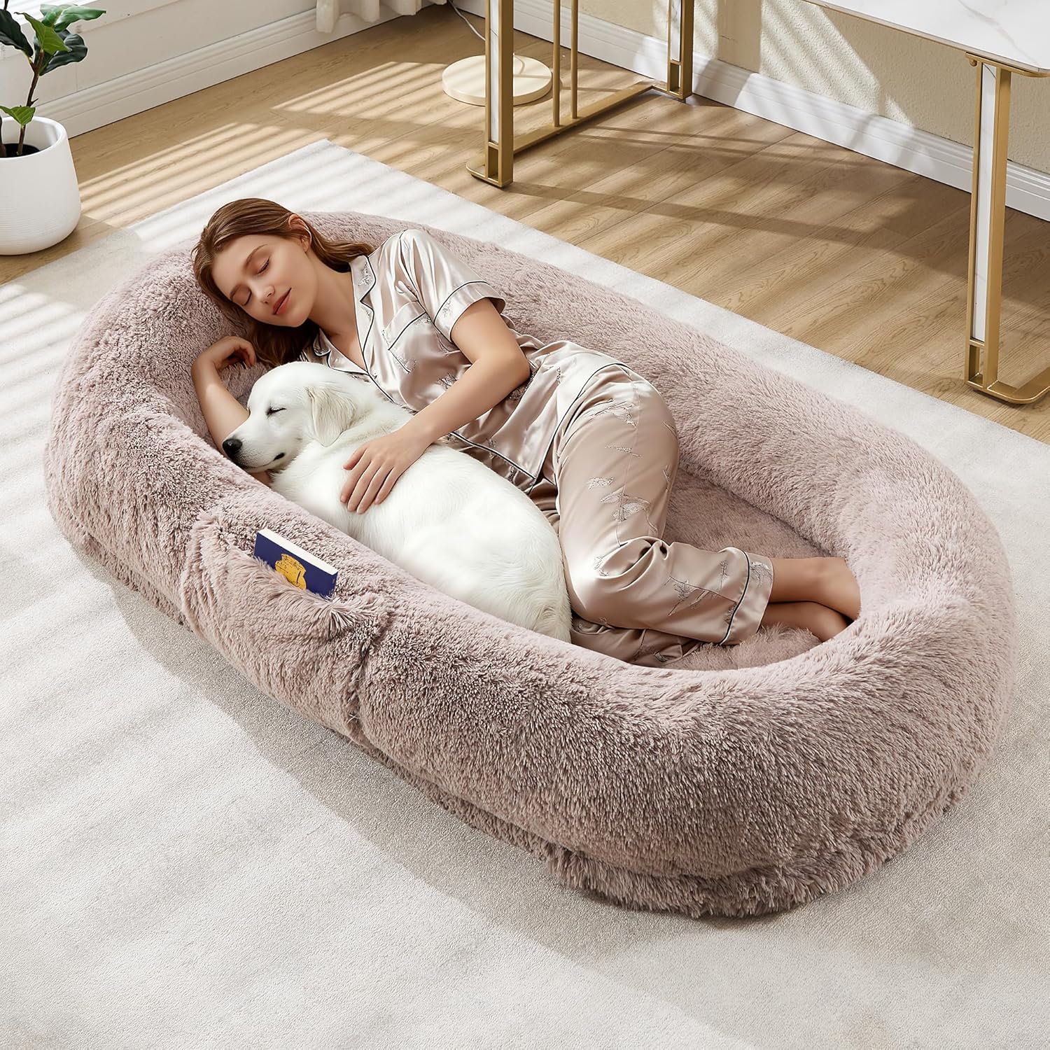 GarveeHome Human Dog Bed for Adult and Pets, No Assembly Required, Washable Fluffy Faux Fur, Napping Orthopedic Dog Bed with Side Pocket, Strap - Light Brown