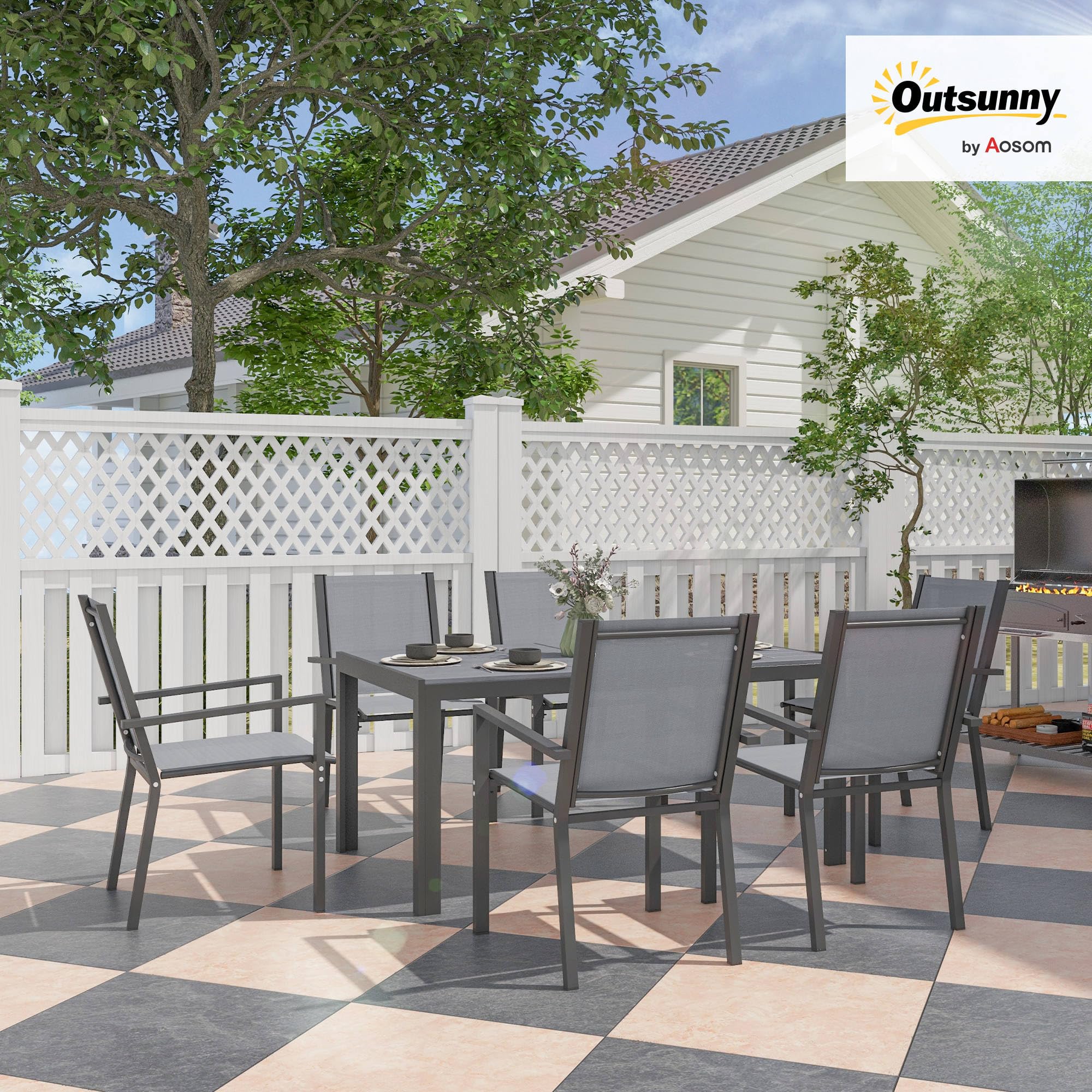 Outsunny Conjunto de Mesa y Sillas Jardín de 7 Piezas, Muebles de Jardín Exterior con 6 Sillas Apilables, Mesa con Encimera de Madera Plásticay Marco de Acero, para Terraza, Patio, Caqui y Marrón
