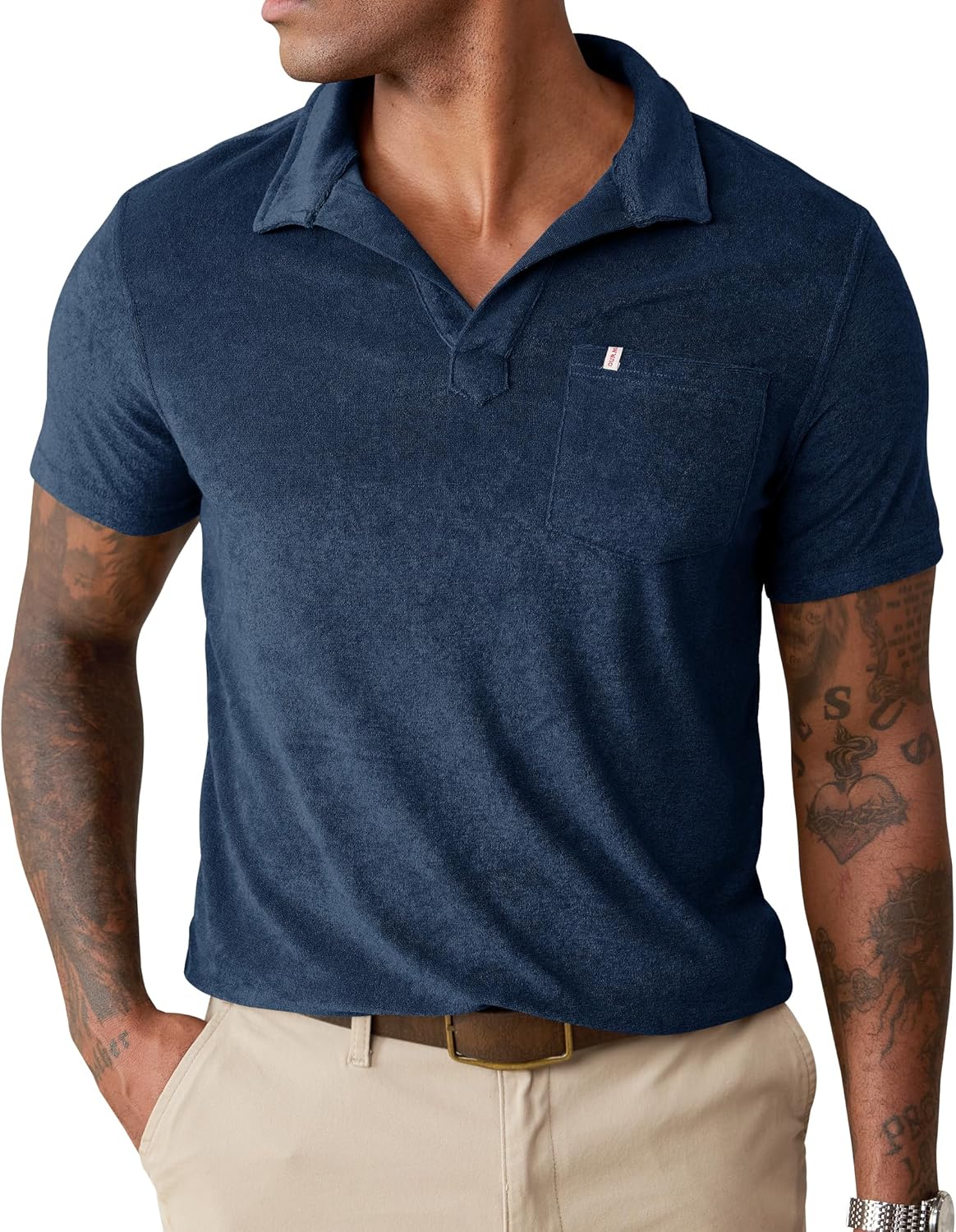 Mens Terry Cloth Polo Shirts Johnny Collar Casual Shirt with Pocket (S-XXL)