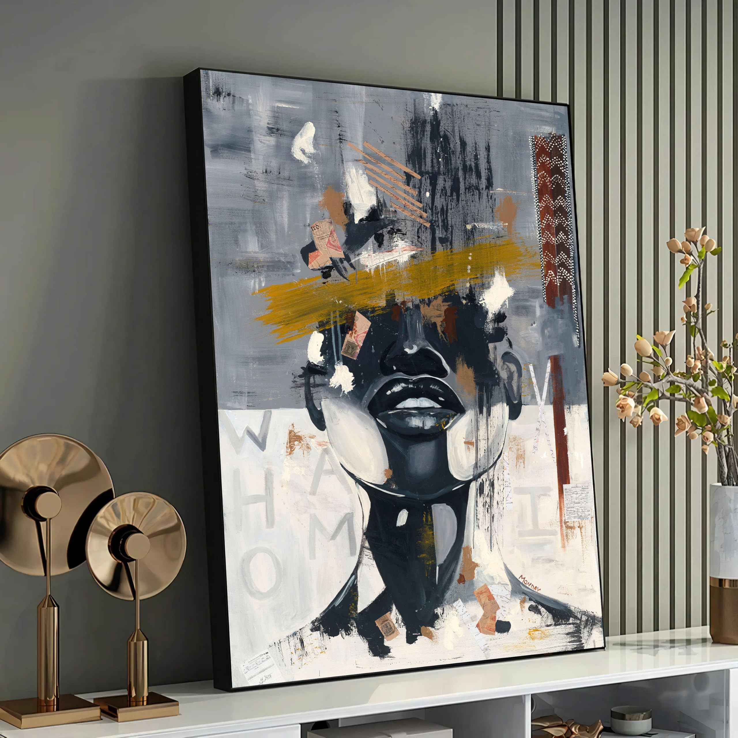 Collage technique mixte haut de gamme pour intérieur contemporain