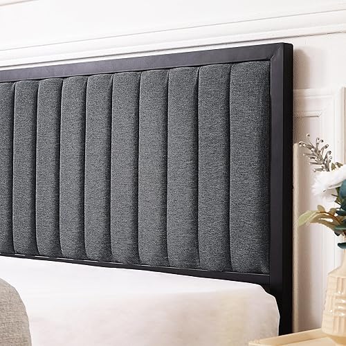 Miniatura 31 de VECELO Base de cama tamaño matrimonial con cabecera y estribo tapizados, plataforma de listones de acero resistente, no necesita somier, color gris