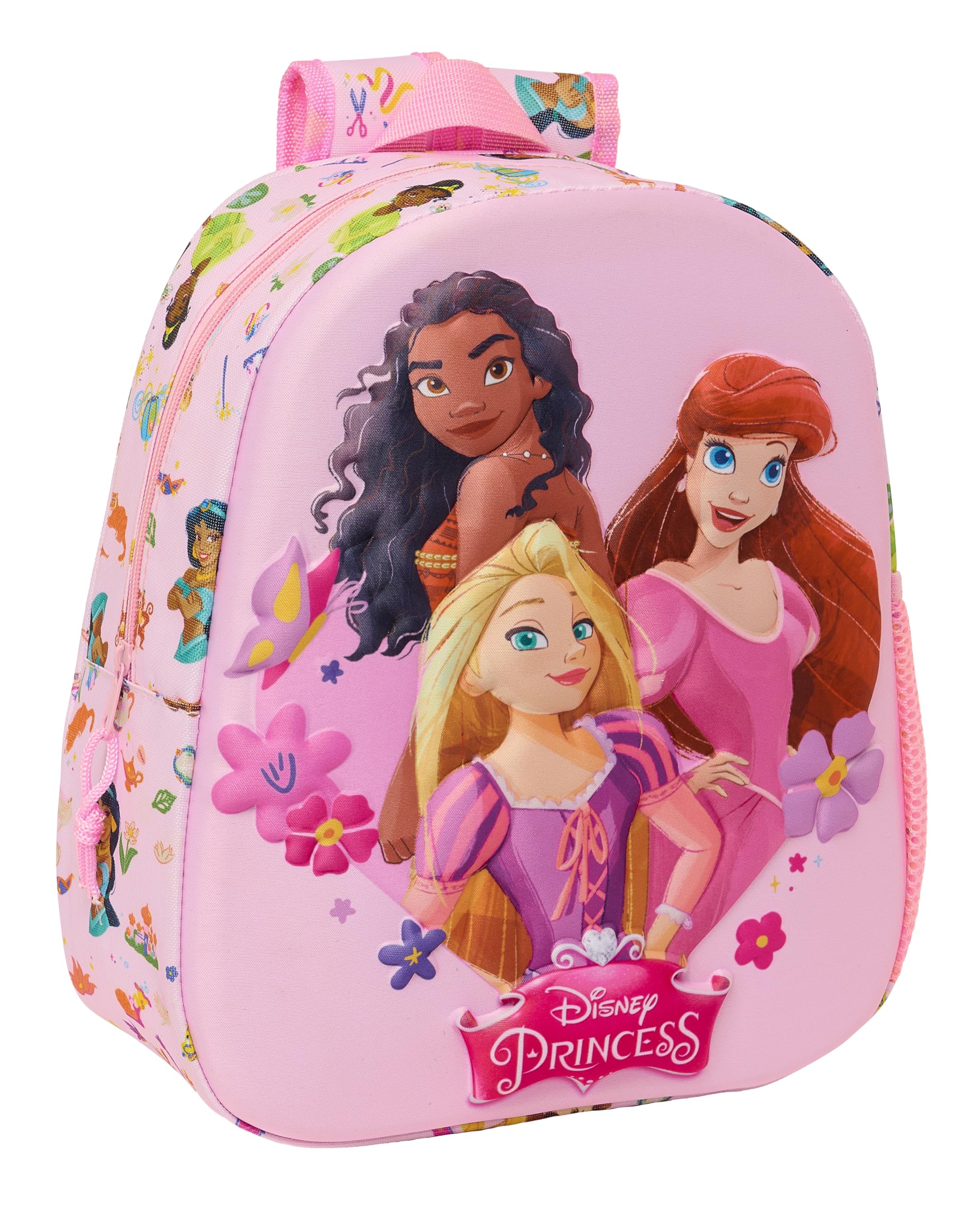 Safta PRINCESAS DISNEY - Mochila Escolar, con Diseño 3D, Adaptable a Carro, Ideal para Niños de Diferentes Edades, Cómoda y Versátil, Calidad y Resistencia, 27x10x33 cm, Color Rosa
