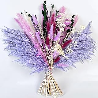 Purple Dried Flower Bouquet – 17” Boho Style Natural Pampas Grass & Drie...