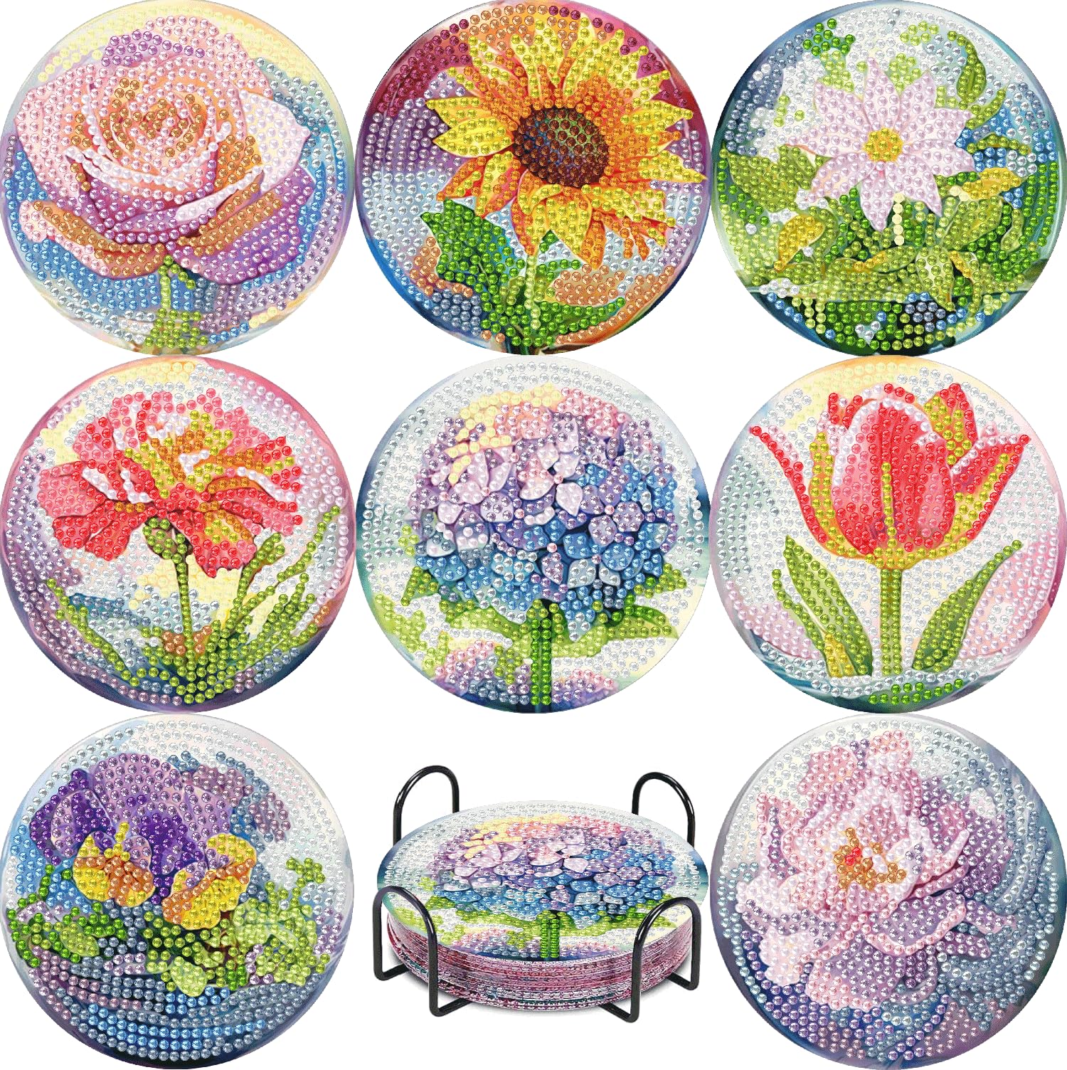 Jakener Coaster-Flower 8 Pcs Flower Diamond Art Coasters Kits Adults With Holder, Diamond Painting Coasters For Adults Kids, Fun 5D Diy Full Round Drill Diamond Dot Crystal Gem Art Craft Supplies