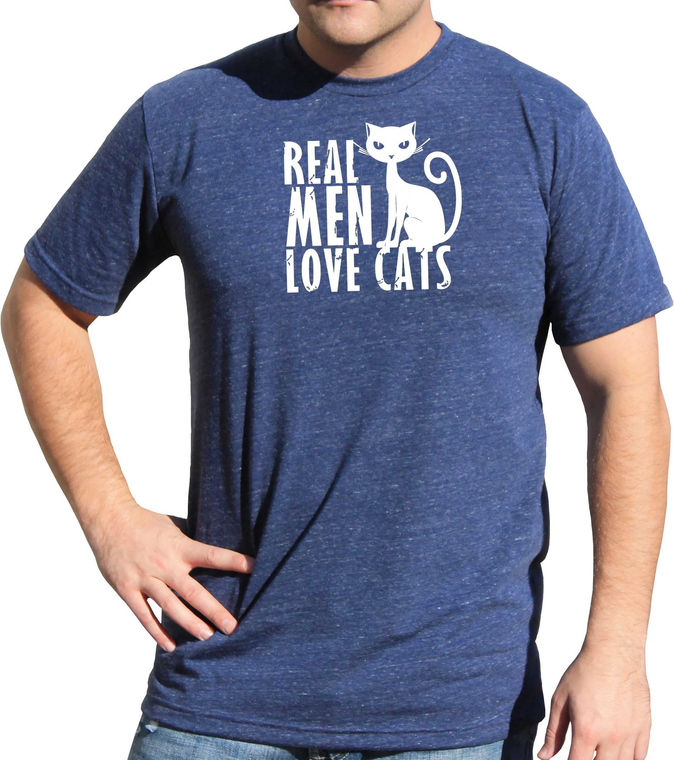 American Eco Apparel Men's Real Man Love Cats Triblend Crew Neck Half Sleeve Comfortable Small Denim/White