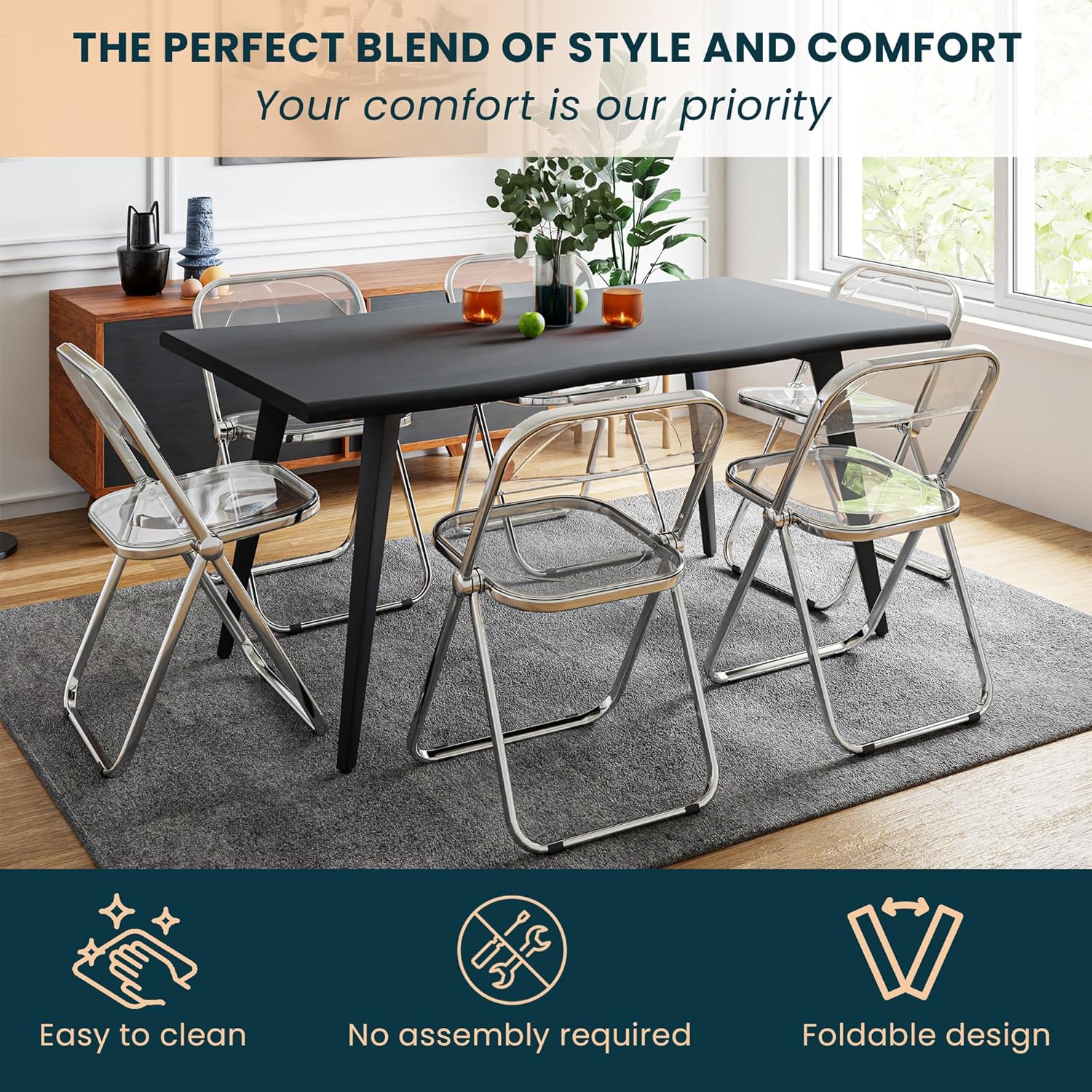 LeisureMod Lawrence Modern Clear Acrylic Folding Chair with Metal Frame, Space-Saving Transparent Seating for Dining Room, Home Office, Bedroom, Vanity or Small Spaces, (Clear, Singles)