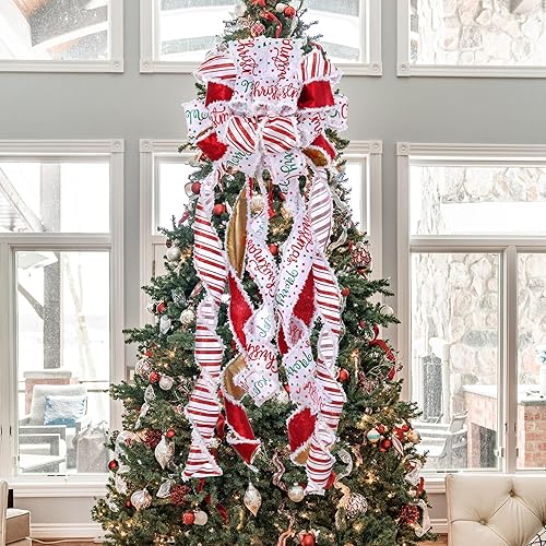 Miniatura 6 de Decoración para árbol de Navidad, lazo de corona de Navidad, 45 x 12 pulgadas, arpillera grande con borde de poliéster blanco y rojo, lazo de regalo