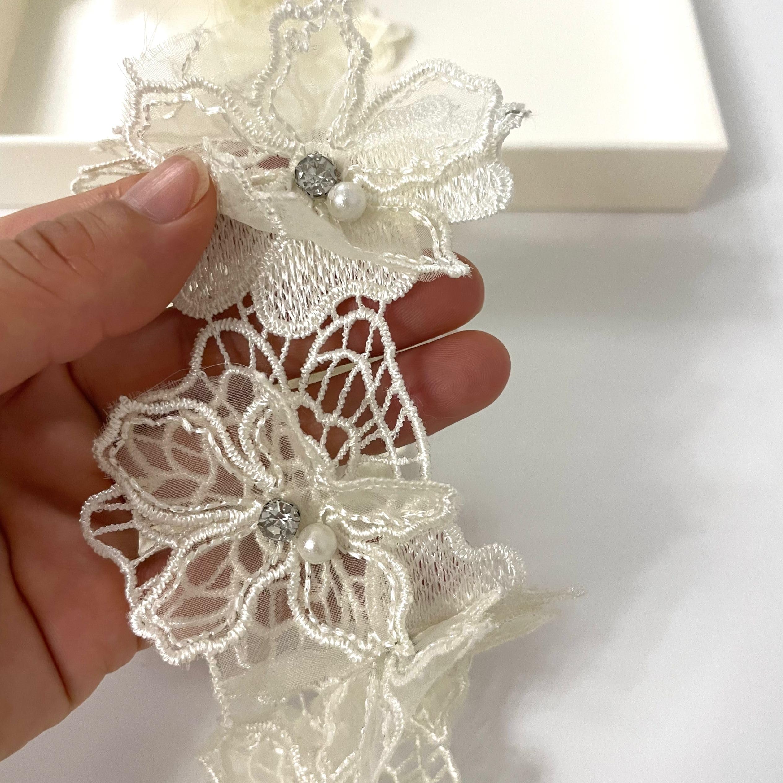 2 Yards 3D Pearl Beads Flower Lace Trim Ribbon Floral Applique Embroidered Lace Fabric for Sewing DIY Crafts (Yellow)