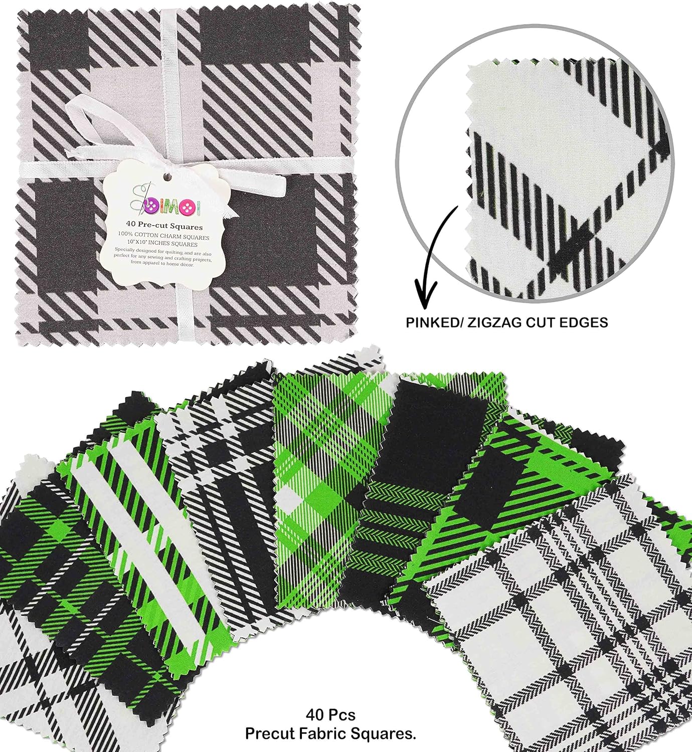 Soimoi Precut 10-inch Check & Tartan Prints Cotton Fabric Bundle Quilting Squares Charm Pack DIY Patchwork Sewing Craft- Green & Black