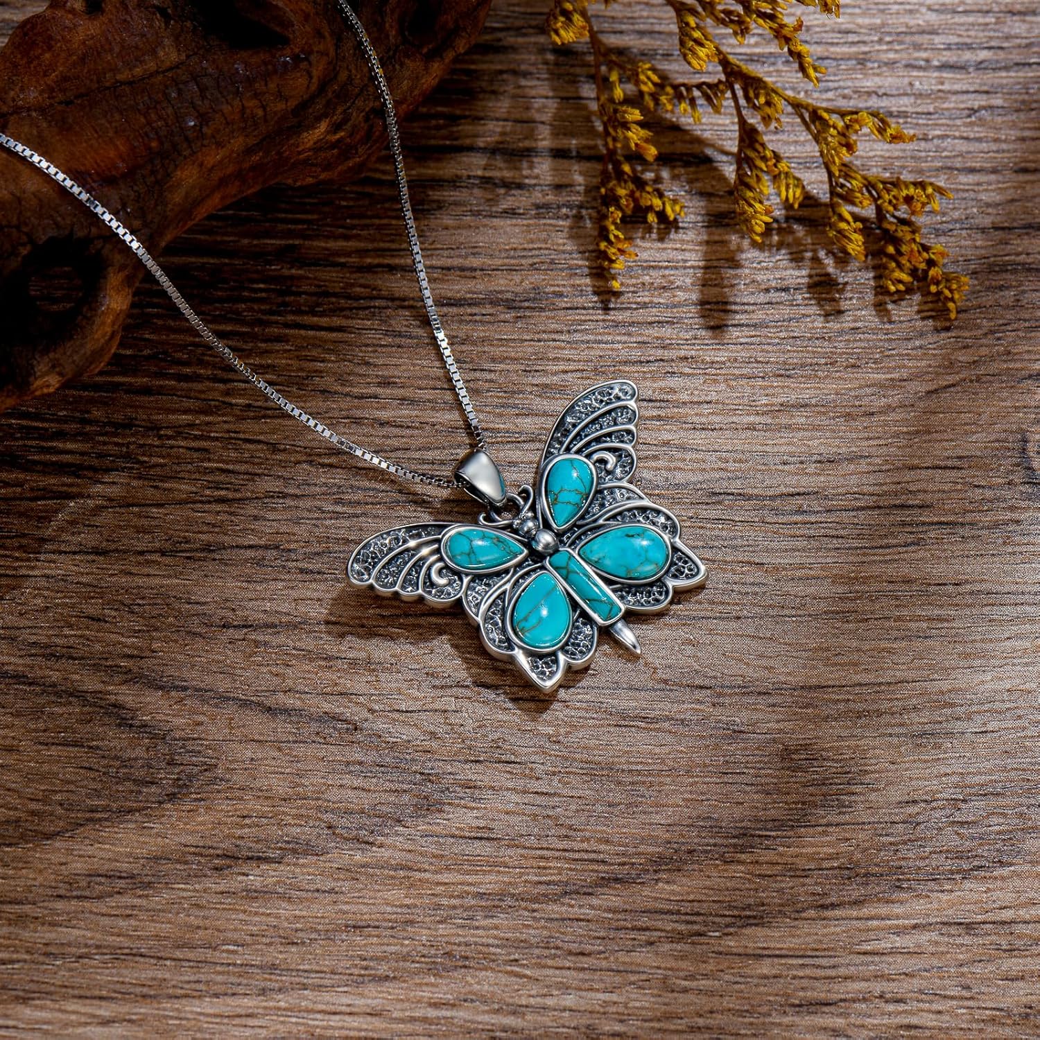 RMREWY Genuine Turquoise Butterfly Pendant Necklace,925 Sterling Silver Native American Boho Western Pendant Real Gemstone Jewelry Birthdays Gift for Women Butterfly Lover - Image 5