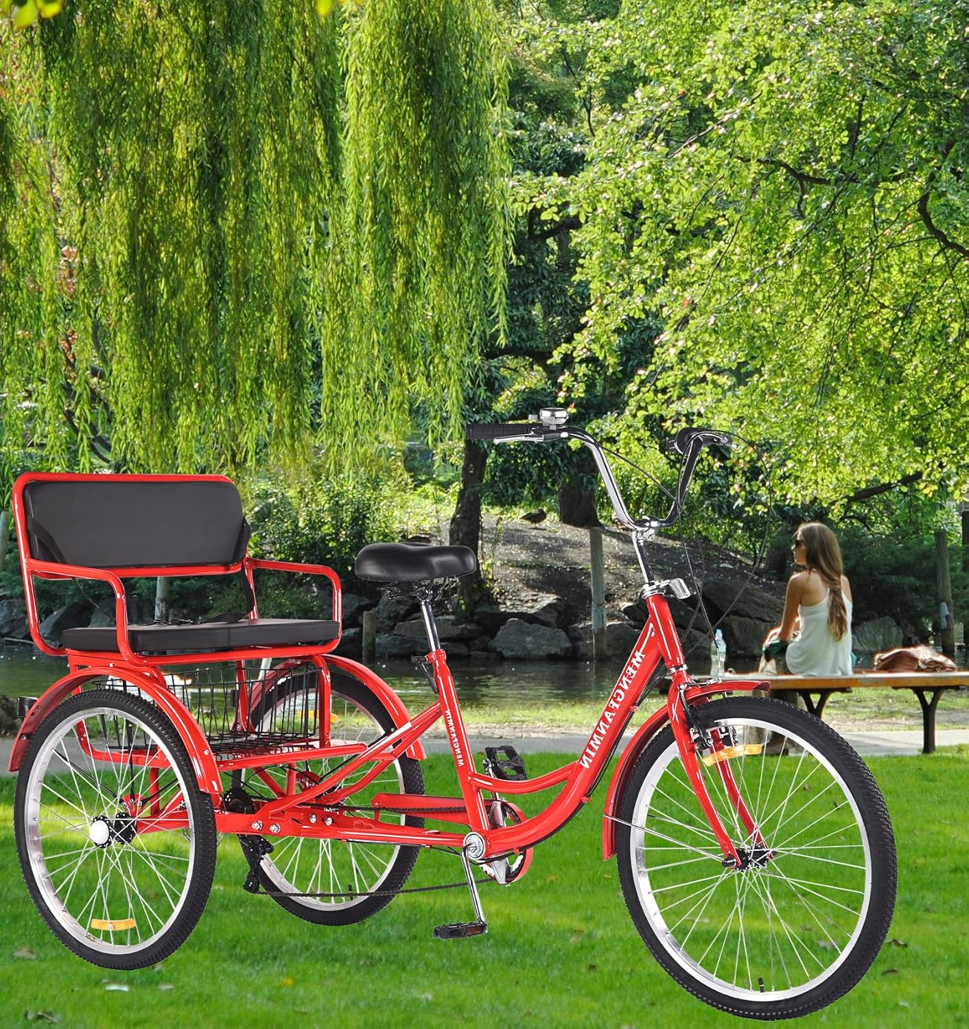Adult Tricycle Foldable with Child seat 3 Wheel Bicycle for Ladies Tricycle with Basket with Back seat 20/24in Bikes Maximum Load 550lbs Shock Absorbing Fork Adult-Unisex (24in-7speed-red)