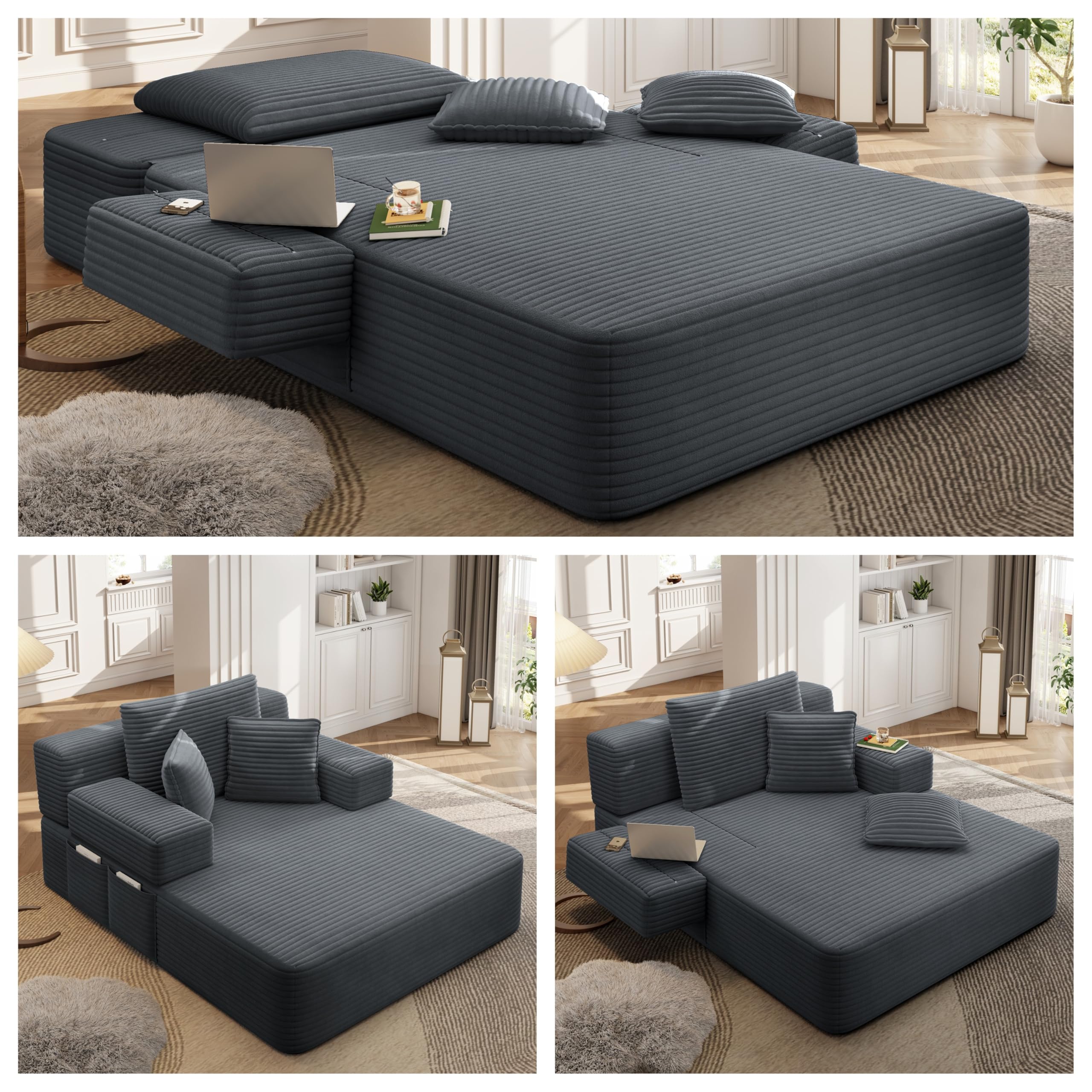 Chaise Lounge Chair Indoor Corduroy Upholstered Boneless Sofa Bed with 3 Pillows Foldable Armrest Oversized Deep Seat Cloud