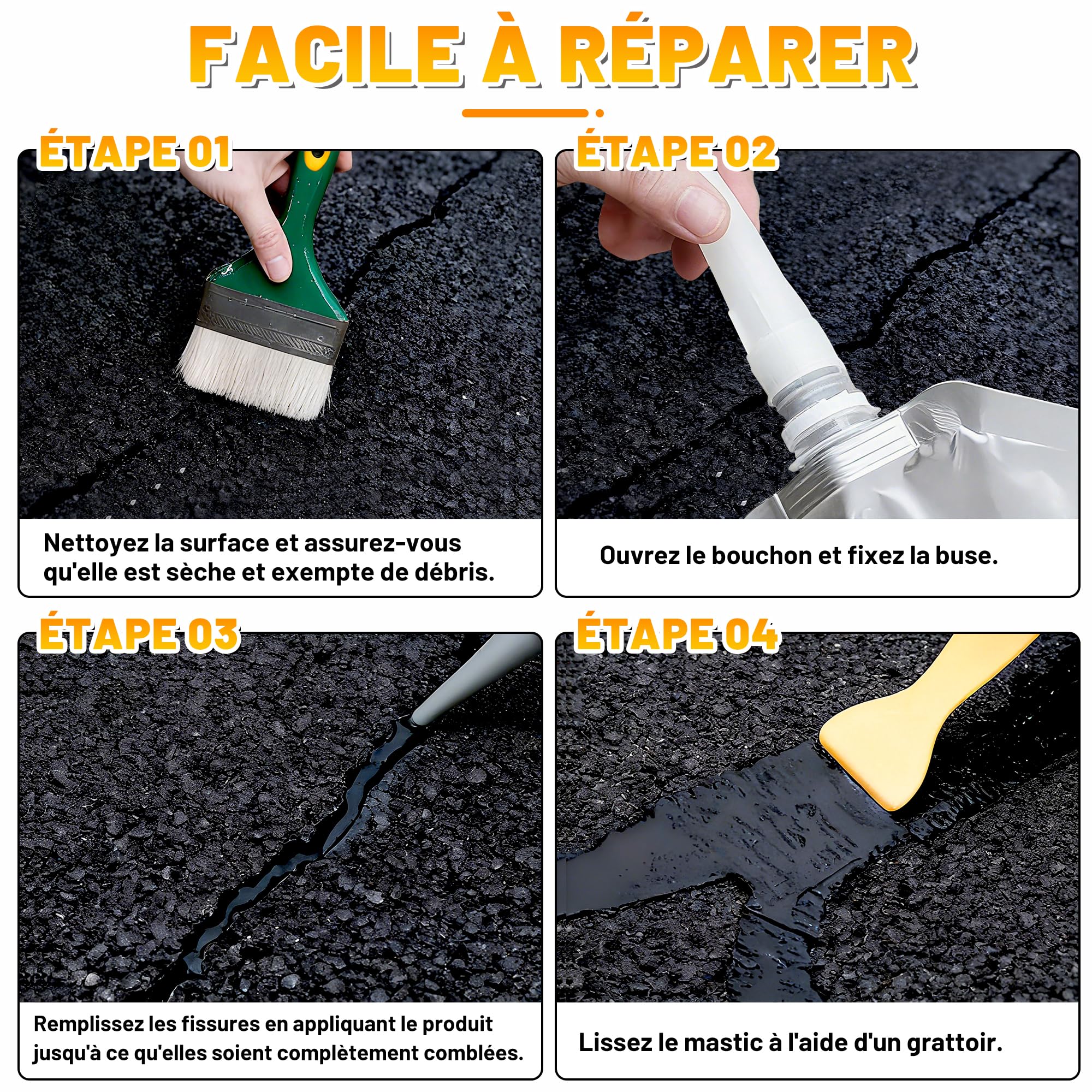 Remplisseur de fissures pour asphalte 2.4 kg, mastic de réparation imperméable à nivellement automatique pour allées, trottoirs, joints de béton noir, mastic à séchage rapide pour extérieur - Noir