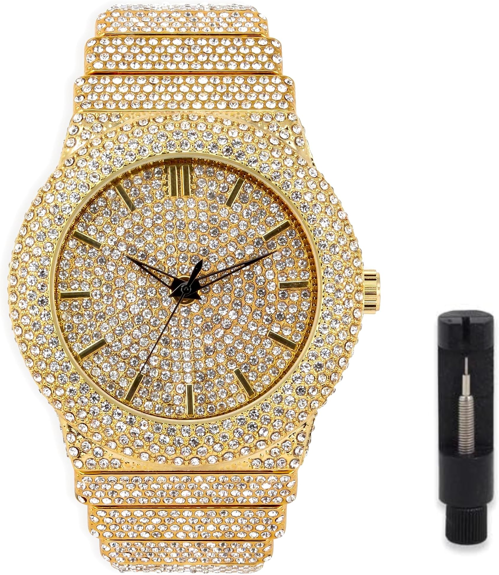 Men’s Fully Iced Out Diamond Simulate Quartz Watch – Includes Watch Adjustment Tool – Gold Dial