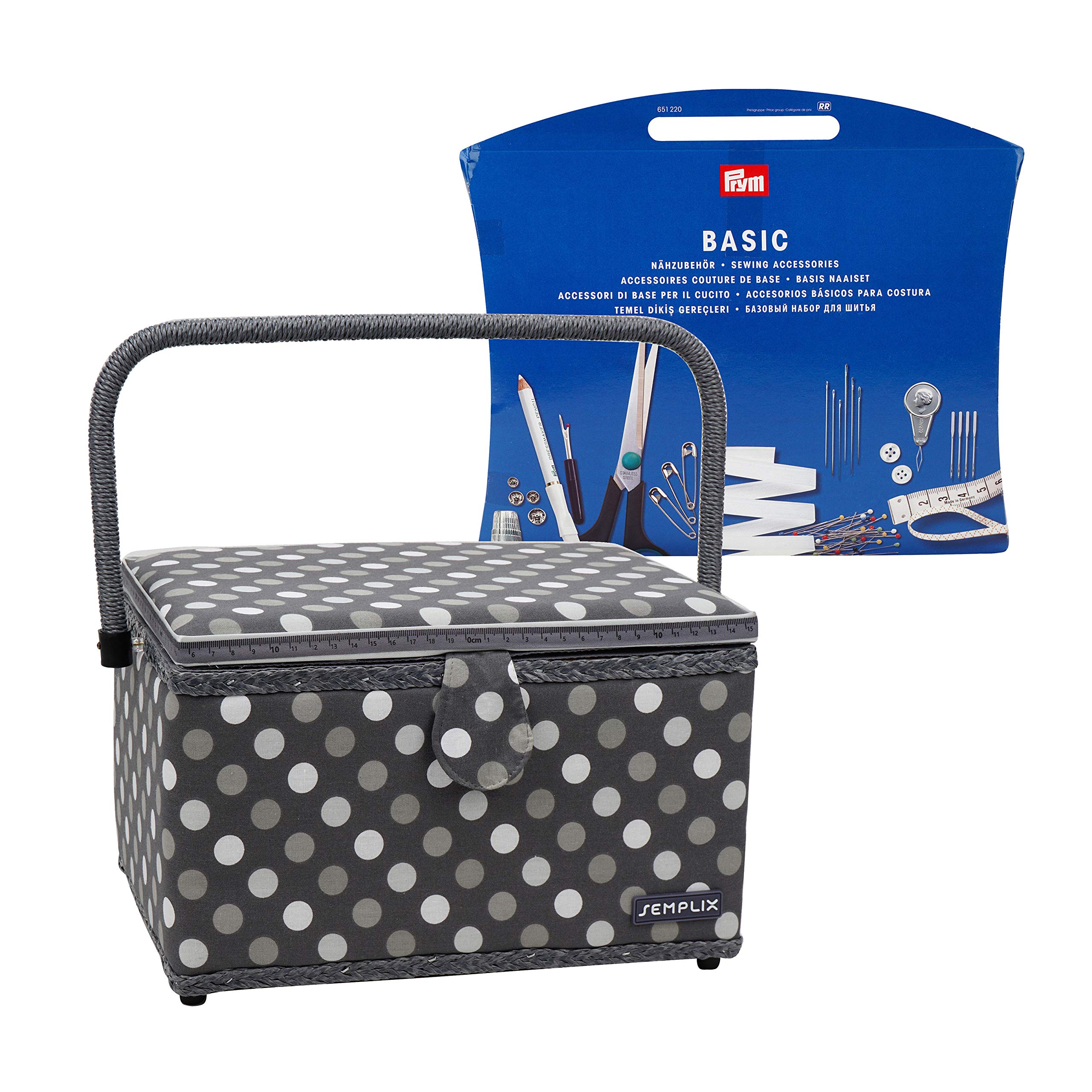 SEMPLIX Koszyk na przybory do szycia, rozmiar L, wypełniony (30 x 22 x 19 cm) – kompatybilny z zestawem akcesoriów do szycia Prym (wchodzi w zakres dostawy) – Polka Dots antracyt/szary