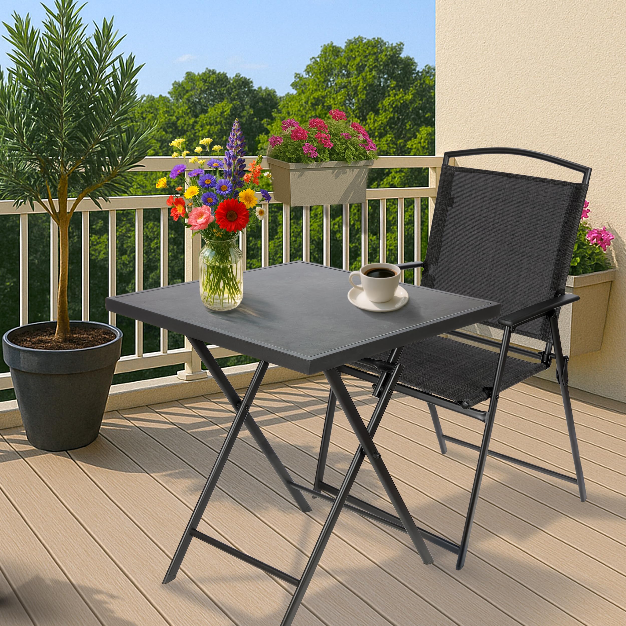 BRUBAKER Gartentisch Bergamo - 58 x 58 cm Balkontisch wetterfest - Metall Beistelltisch klappbar - Campingtisch eckig mit Stein Optik - Klapptisch für Balkon, Terrasse - Bistrotisch - Grau