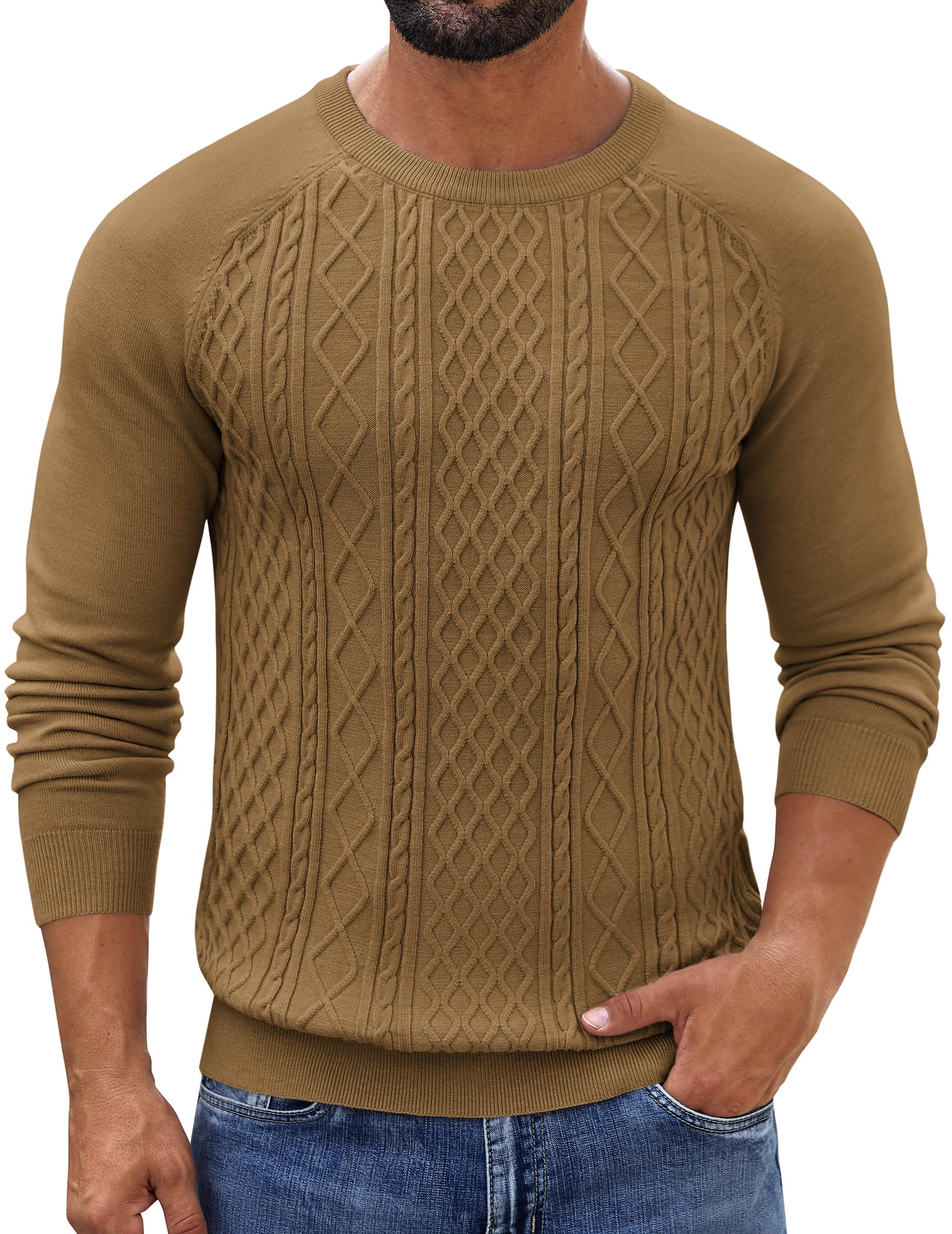 COOFANDY Herren Pullover Rundhals Langarm Strickpullover Zopfstrick Winterpullover Warm Slim fit Zopfmuster Sweater