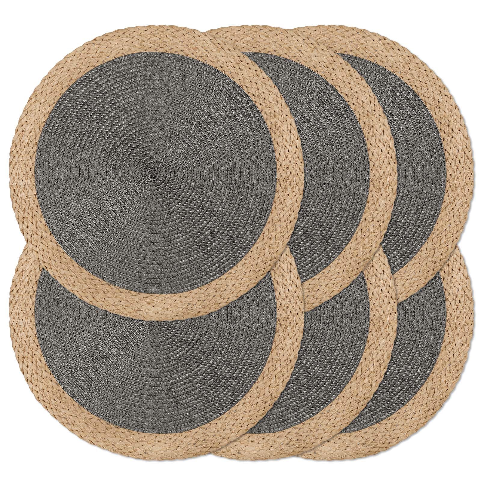 Noctiflorous Round Placemats Set of 6, 15 Inch Braided Hand Woven Table Mats, Heat Resistant Non-Slip Wipeable Wide Edge Place Mats for Kitchen Dining Indoor Outdoor Use(Grey, 6) — image 1