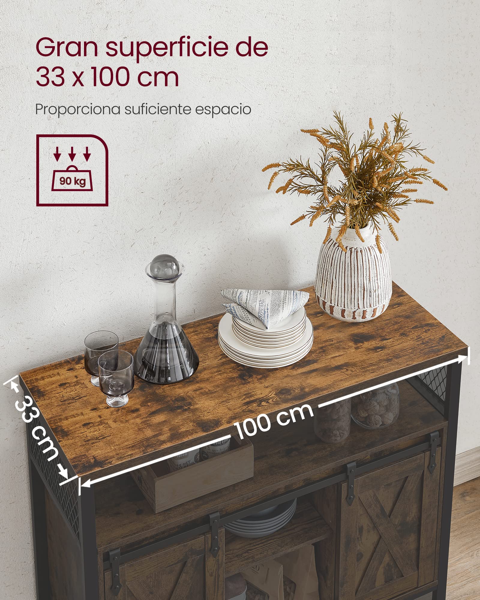 VASAGLE Aparador, Armario de Cocina, Armario de Almacenamiento, con 2 Puertas Correderas, 33 x 100 x 80 cm, Estantes Ajustables, para Salón, Marrón Rústico y Negro Tinta LSC092B01