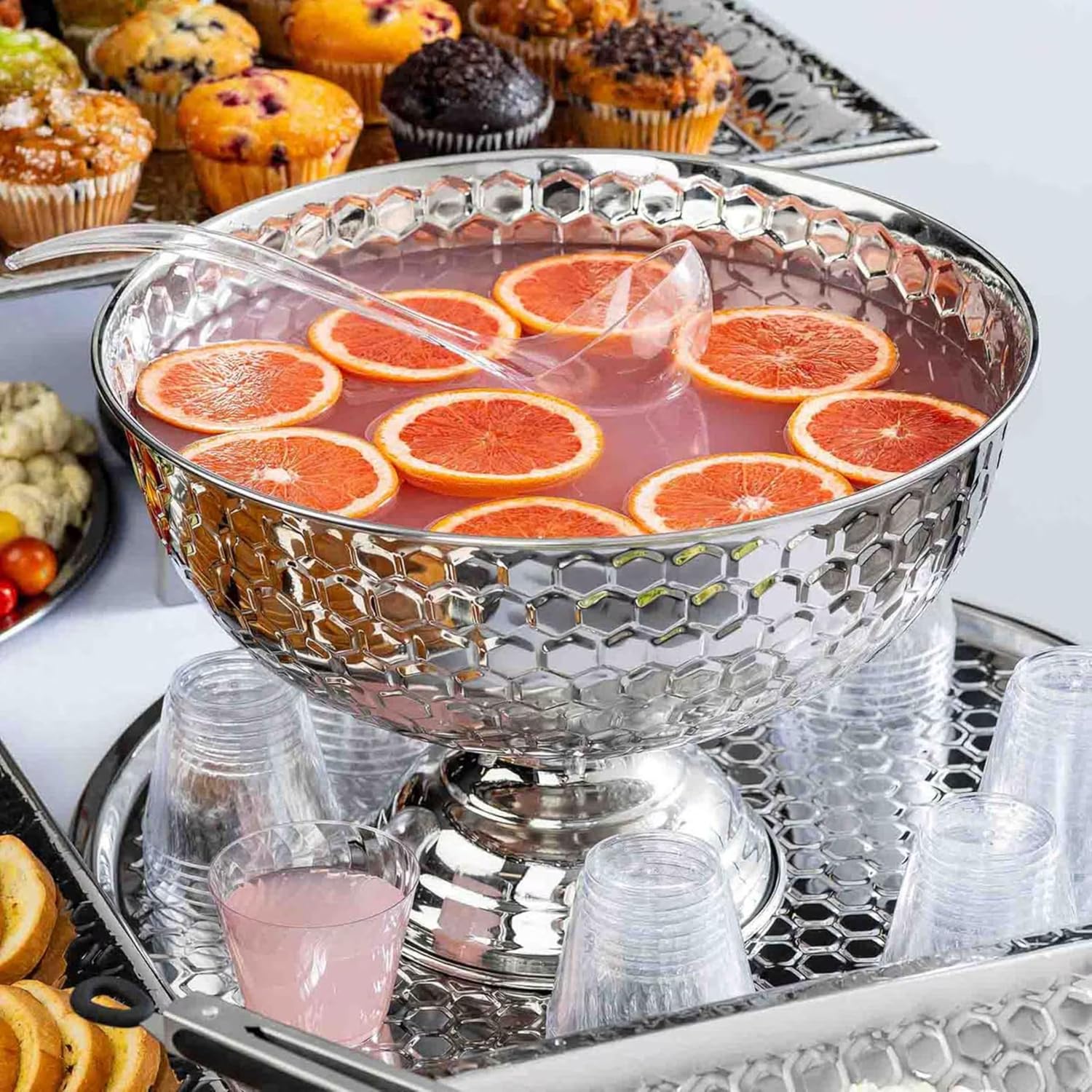 TableCraft 12850 Hive Collection Round Punch Bowl, Mirror Finish Stainless Steel Punch Bowl with Textured Honeycomb Design, Pedestal Display Bowl, 15.5" x 15.5" x 10.5", Silver