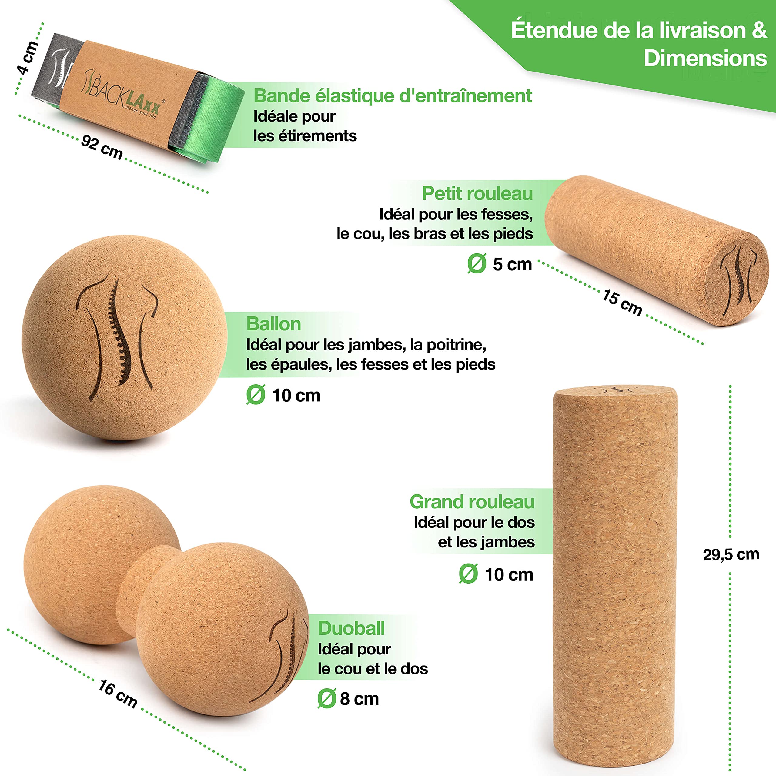 BACKLAXX® Rouleau en Liège avec Balle de Fascia & Balle de Massage | Rouleau de Massage Dos & Colonne Vertébrale | Kit Fascia Cuisses & Pieds | DuoBall | Sans Substances Nocives | Antibactérien