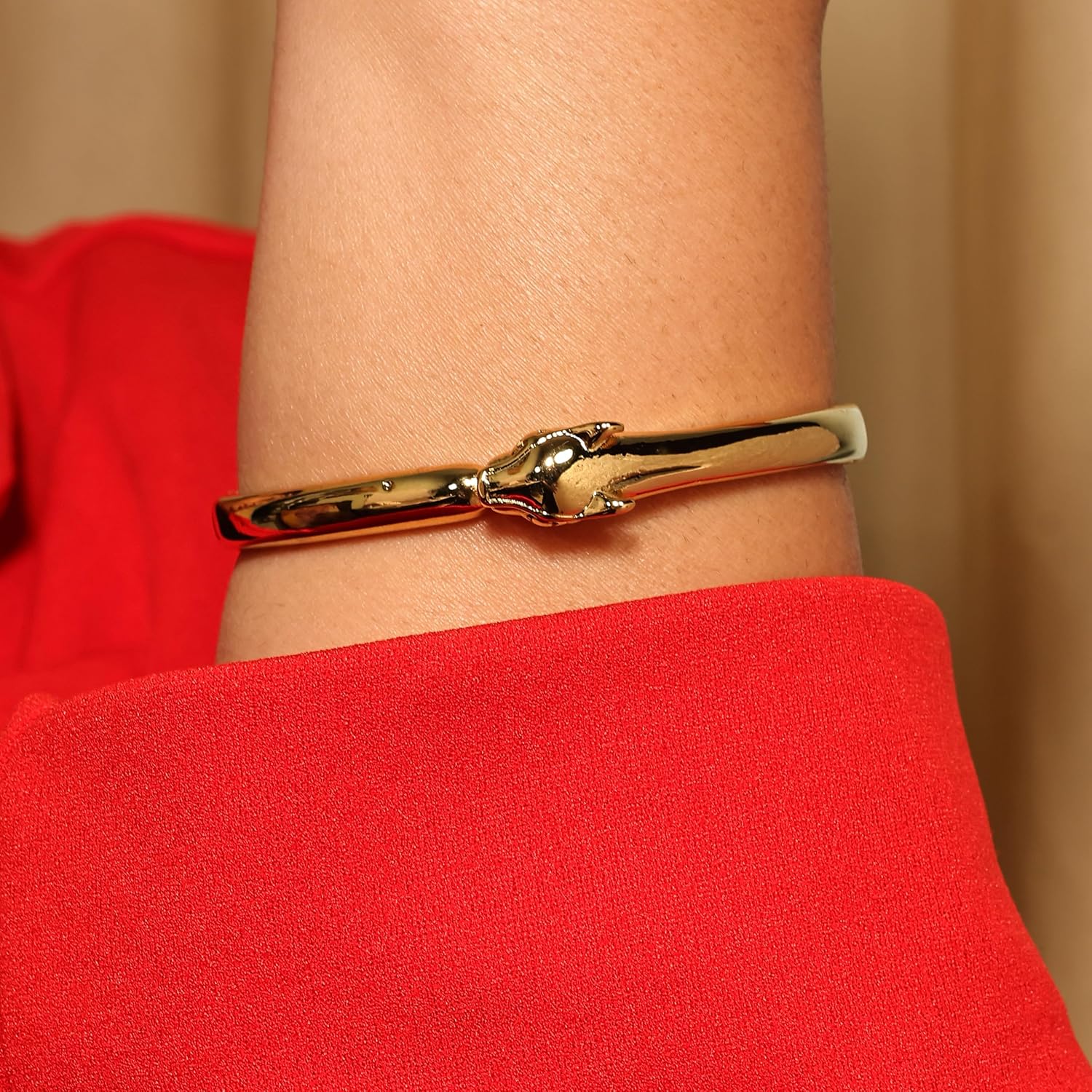 Stainless Steel Animal Head Bangle Bracelet for Women | Gold Plated Panther/Leopard Design Hinged Cuff | Polished Non Tarnish Fashion Jewelry Gift for Her