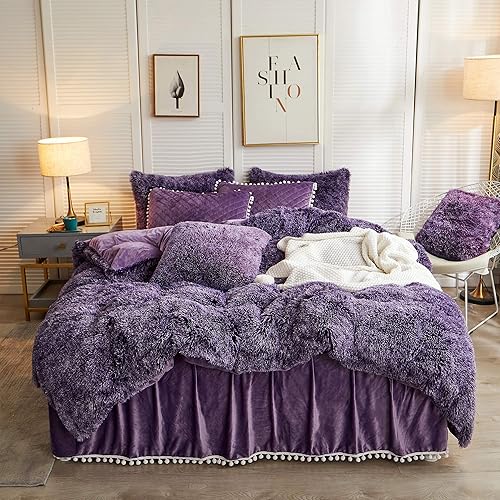 LIFEREVO - Juego de funda de duvet lujosa de felpa (1 funda de duvet de piel sintética + 2 fundas de almohada decorativa con borde de pompones),