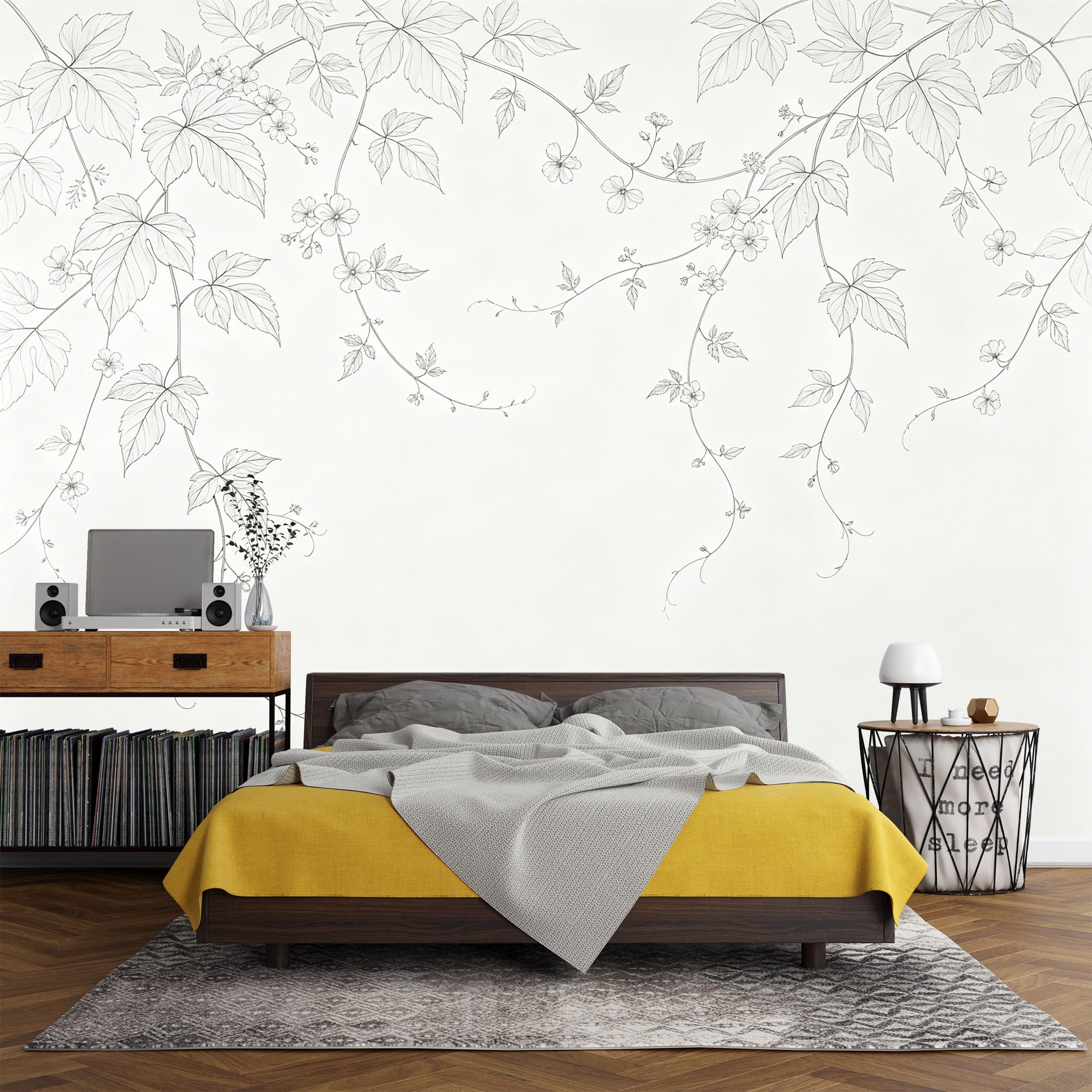 Custom Size Wall Mural， Botanical Vine Line Art Floral Branch Minimalist Sketch，SelfAdhesive Art Prints wall Fabric(No PVC) Removable Wallpaper Living Room Decor
