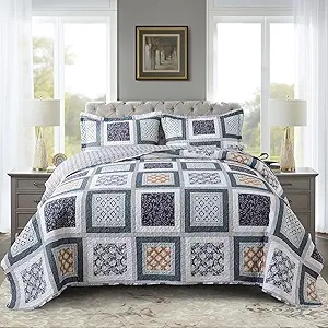 NEWLAKE Quilt Bedspread Sets - Bohemian Farmhouse Pattern Reversible Coverlet Set, King Size