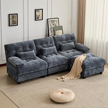 93" Soft Chenille Sofas Couch, Contemporary Sofa with Adjustable Backrest, Modern Accent Couch with High Load Bearing for Indoor Leisure Areas, Blue
