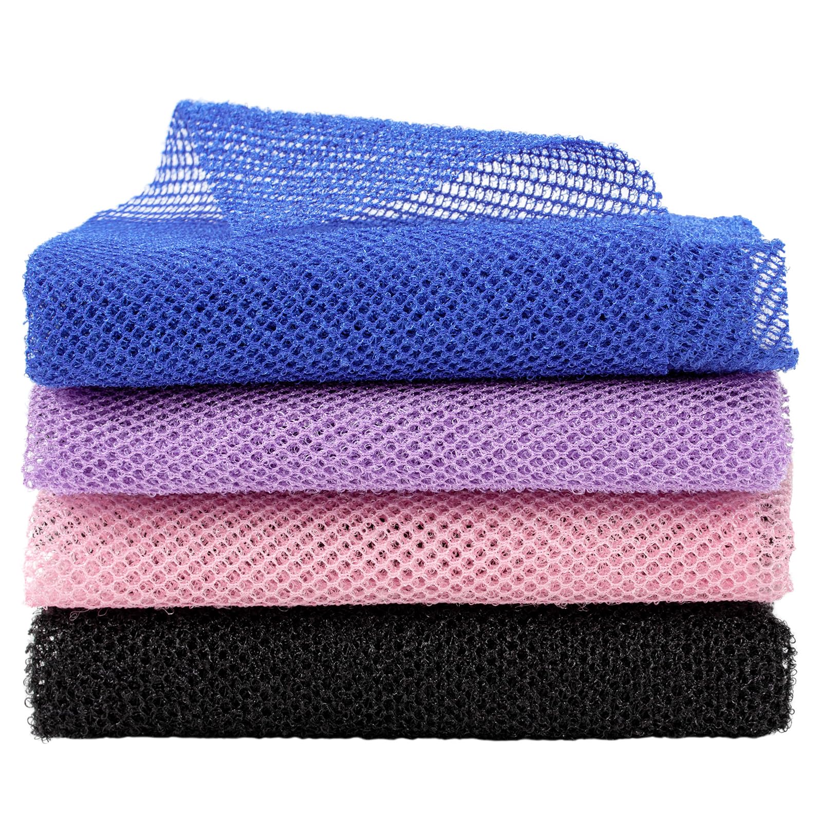 4 Pcs African Net Cloth, Exfoliating Boddy Scrubber, 31.5 Inch Long African Net Bath Sponge, Exfoliating Wash Cloths for Body, Skin Back Scrubber Cloth for Shower Daily Use, Pink/Purple/Black/Blue