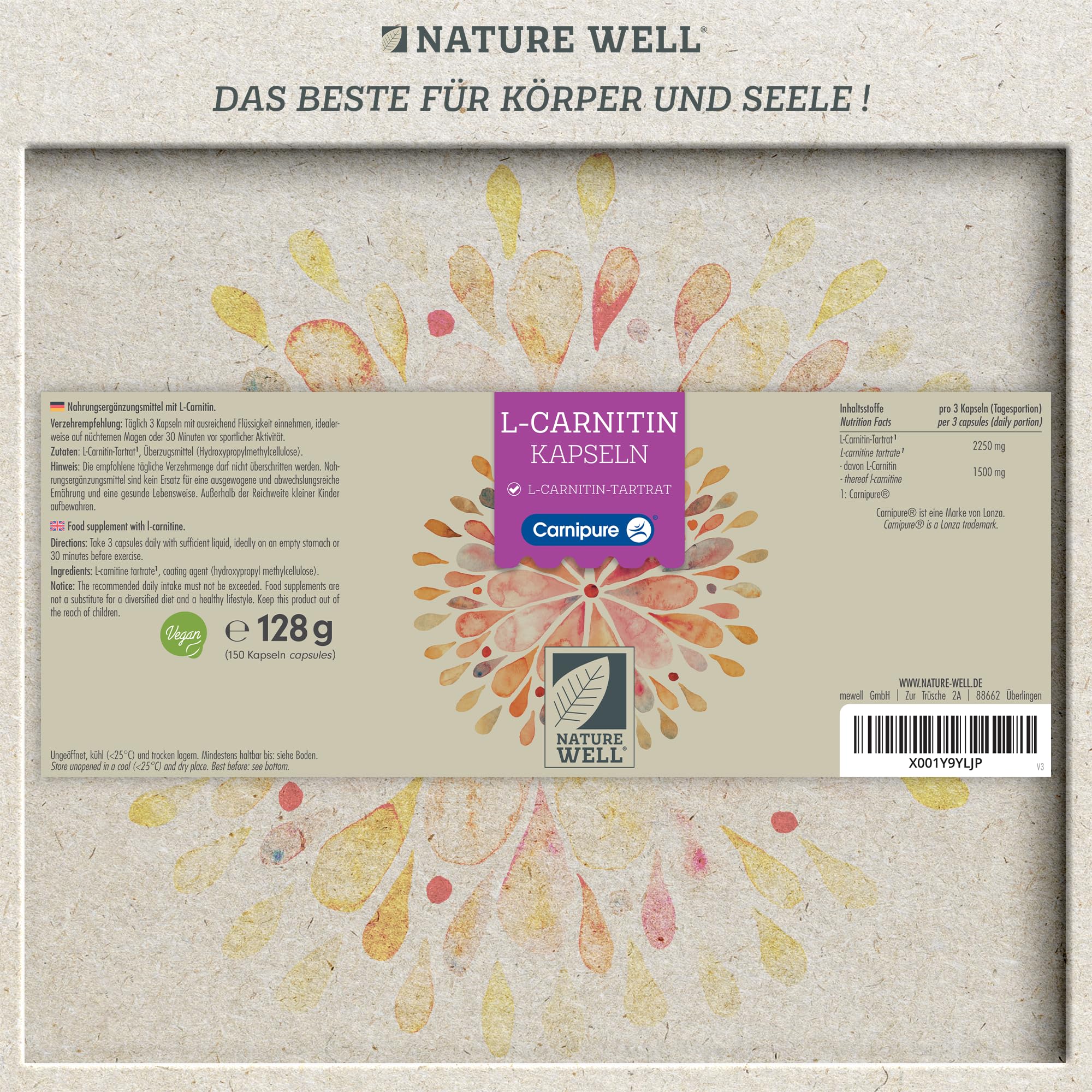 L-Carnitin Kapseln 450x - hochdosiert mit 2250 mg Carnipure®, dem Premium L-Carnitin-Tartrat von Lonza - laborgeprüft mit Zertifikat - 100% vegan - Vorrat für 150 Tage