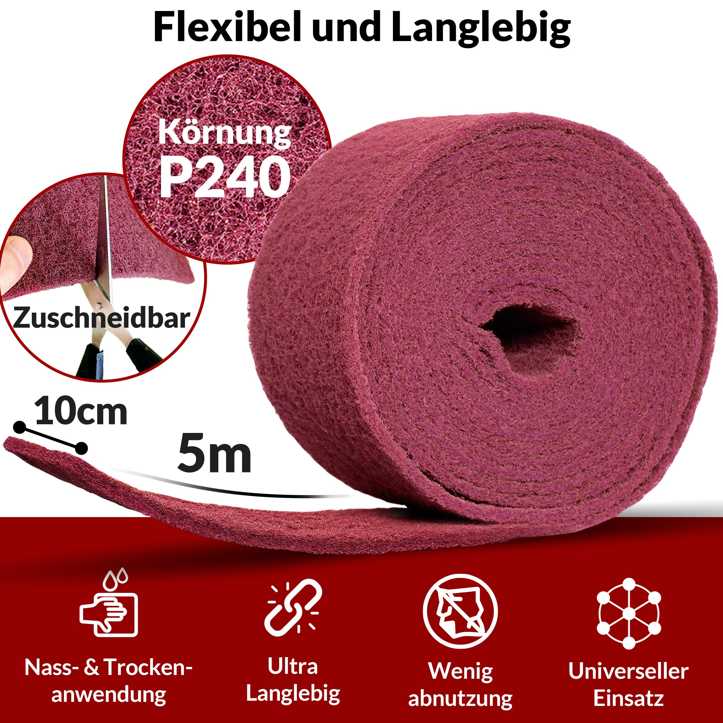 Phorin® Bande de Poncage 5 m × 100 mm non-tissé abrasif grain 240 – L'éponge de ponçage est extrêmement robuste et durable, idéale pour la peinture, le bois, le métal, l'acier inoxydable, etc.