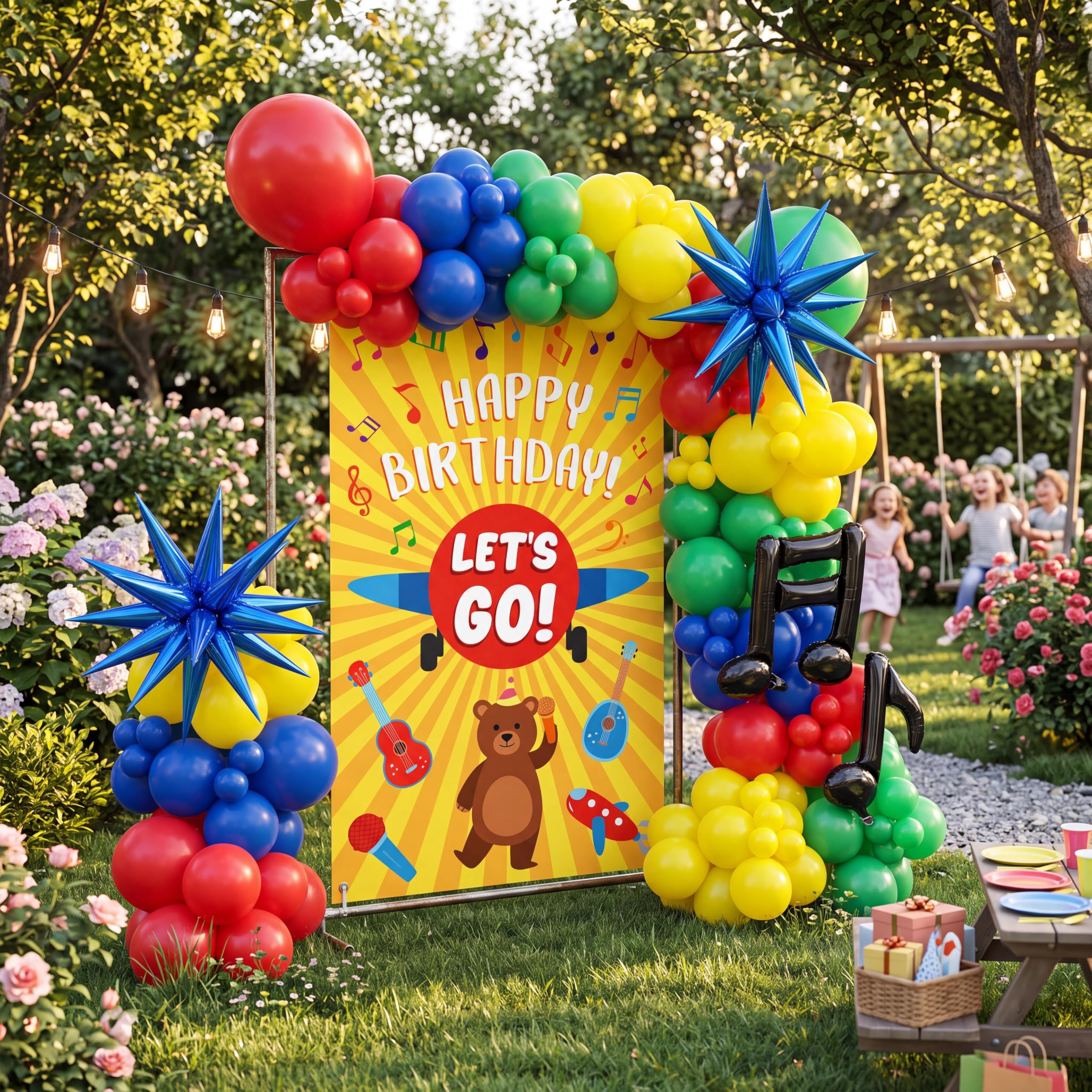 Thenshop Juego de 111 guirnaldas de arco de globos rojo, amarillo, azul, verde con notas musicales, globos de aluminio de estrella para niños y niñas, decoración de fiesta de cumpleaños temática