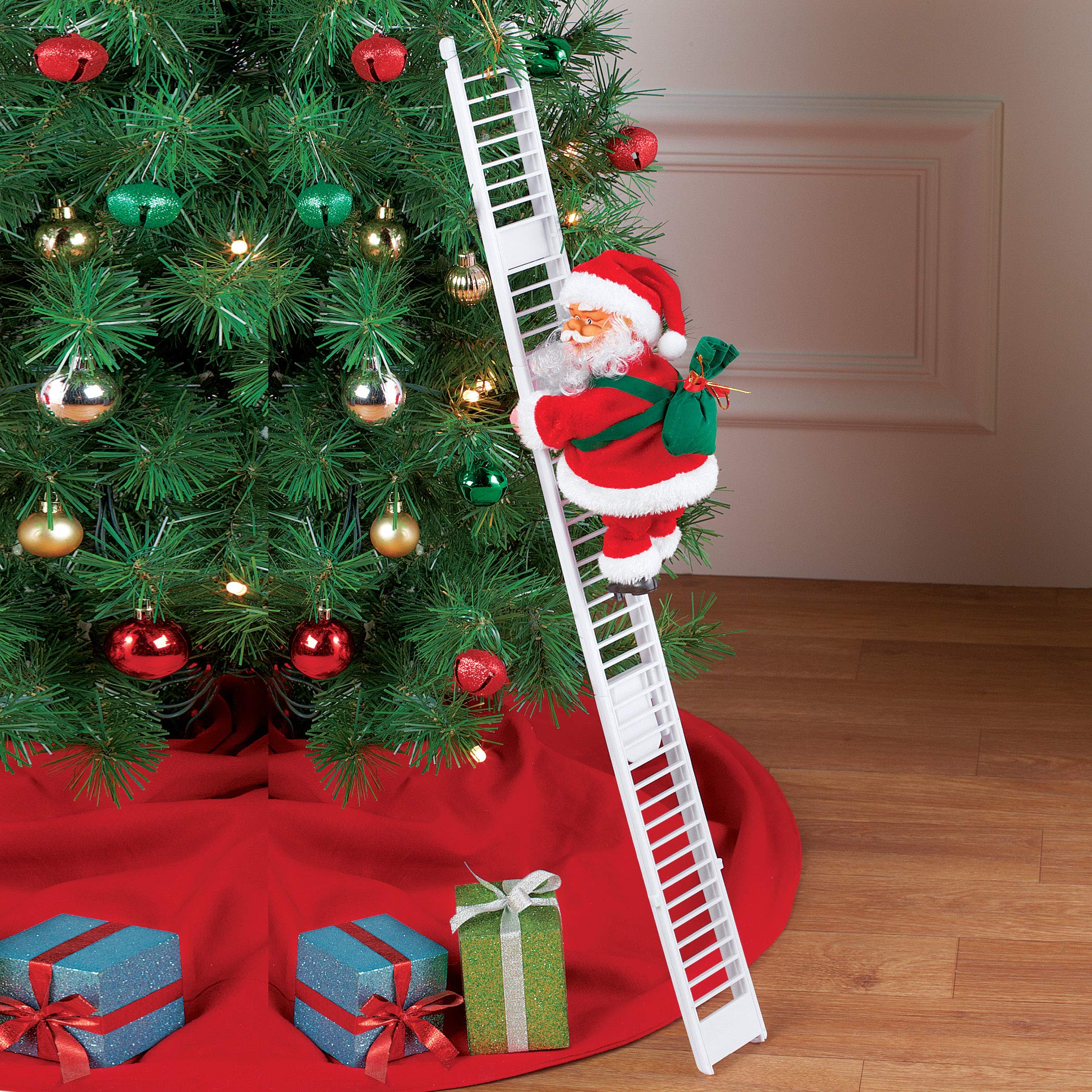 Collections Etc Singing Santa Climbing Ladder with Bag of Presents, Indoor Christmas Decoration - Sings Jingle Bells