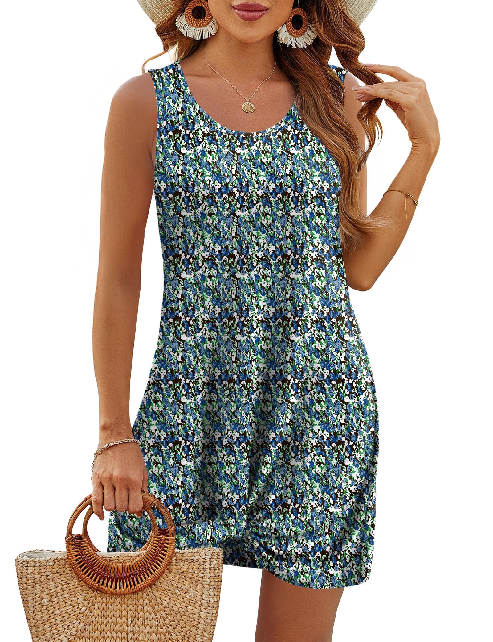 BKRIVE Vestidos de verano para mujer, con ojales, cuello redondo, sueltos, sin mangas, vestidos de verano trenzados